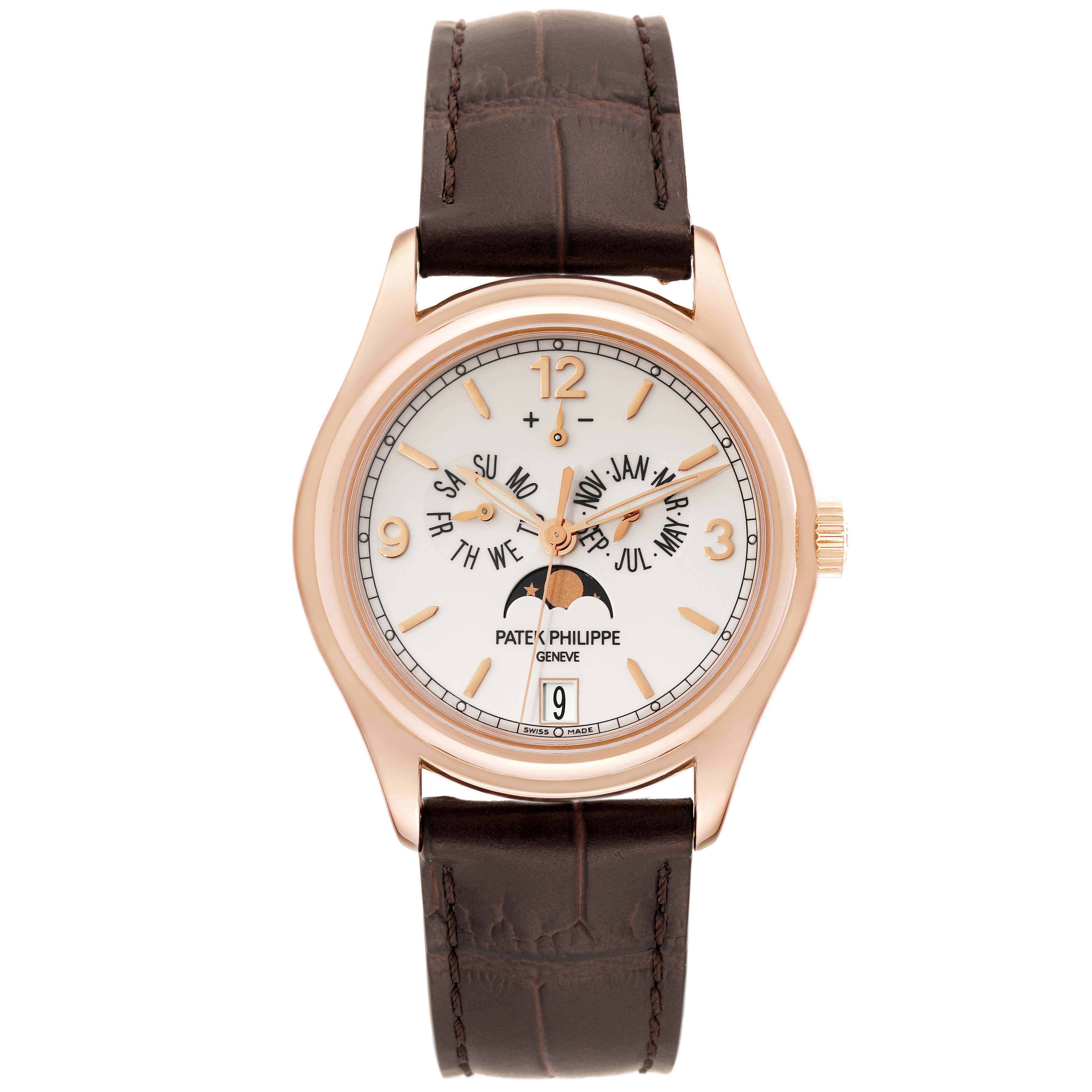 This Patek Philippe Complications 5146R-001 Men's Rose Gold White Dial 5146R-001 Men's Rose Gold White Dial watch is shown from the front, displaying its dial, case, crown, and leather strap.
