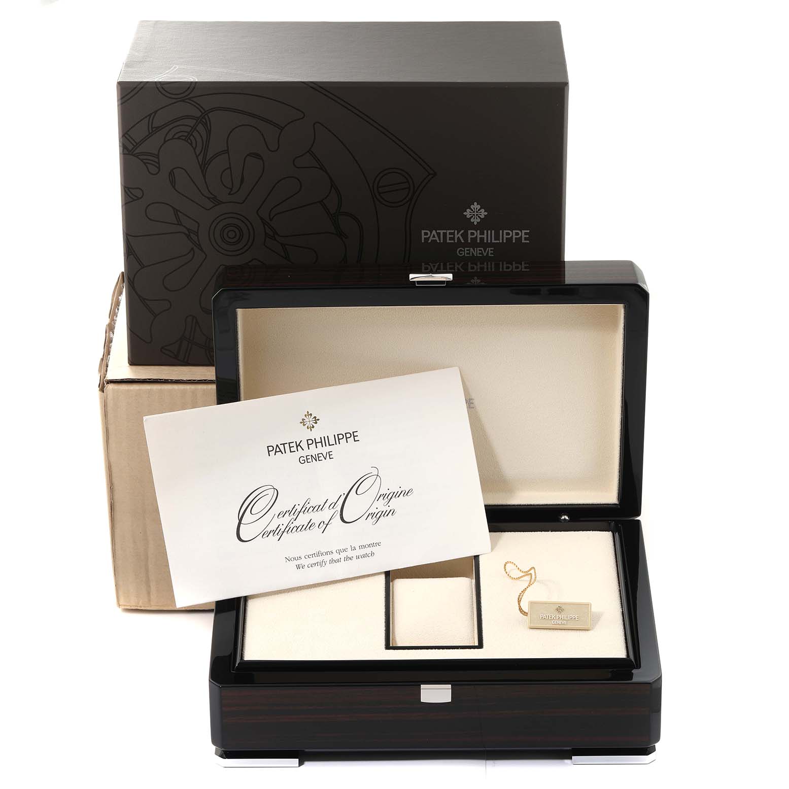 The image shows the packaging, box, and certificate of origin for a Patek Philippe Complications 5146R-001 Men's Rose Gold White Dial 5146R-001 Men's Rose Gold White Dial model watch.