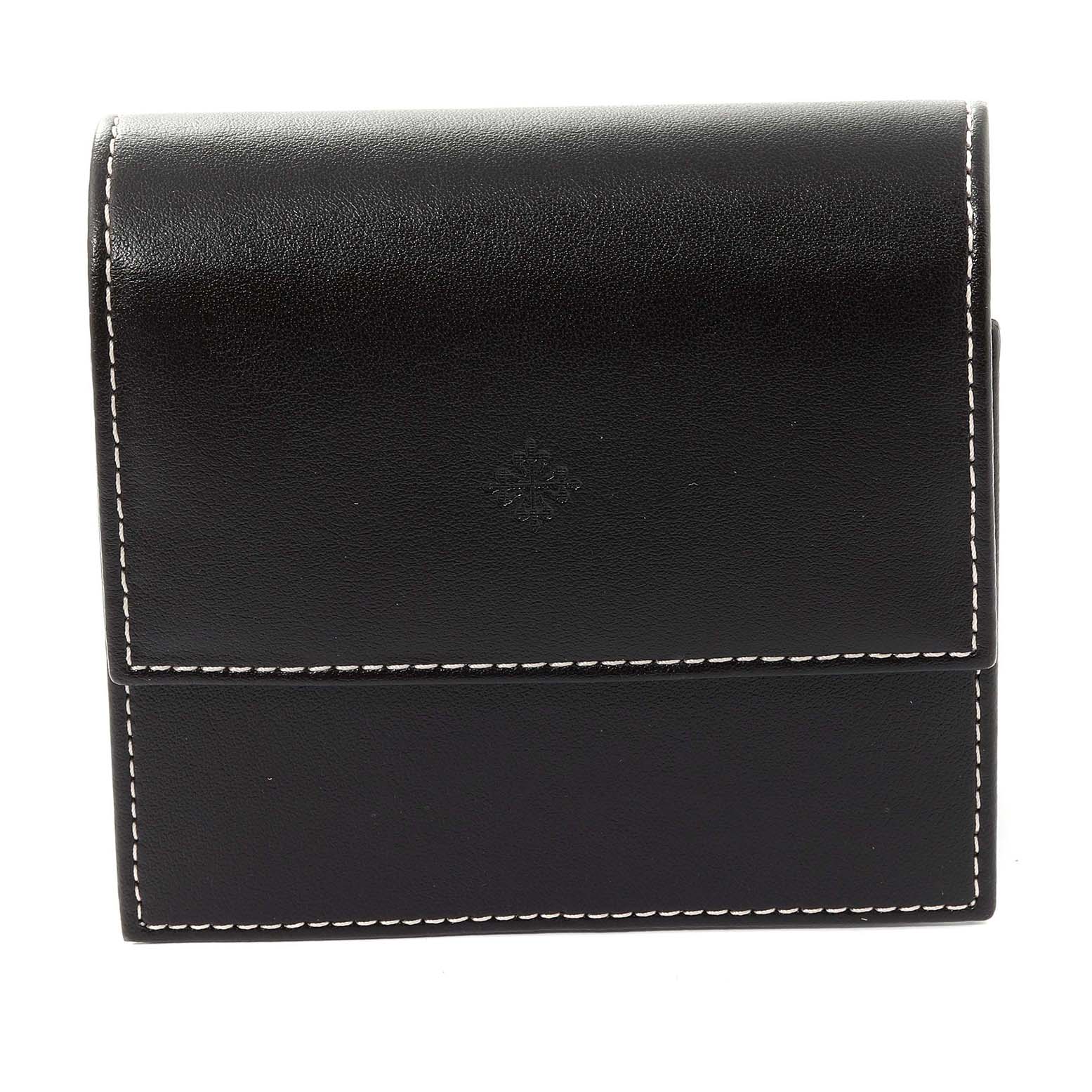 This is a frontal view of a black Patek Philippe Twenty-4 4910/10A-012 Women's Stainless Steel Blue Dial 4910/10A-012 Women's Stainless Steel Blue Dial watch case with white stitching detail.