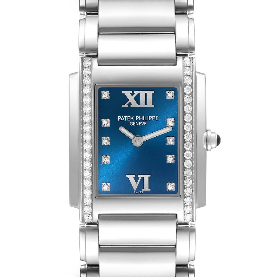 This image shows a frontal view of the Patek Philippe Twenty-4 watch, highlighting its blue dial, diamond markers, and metal bracelet.