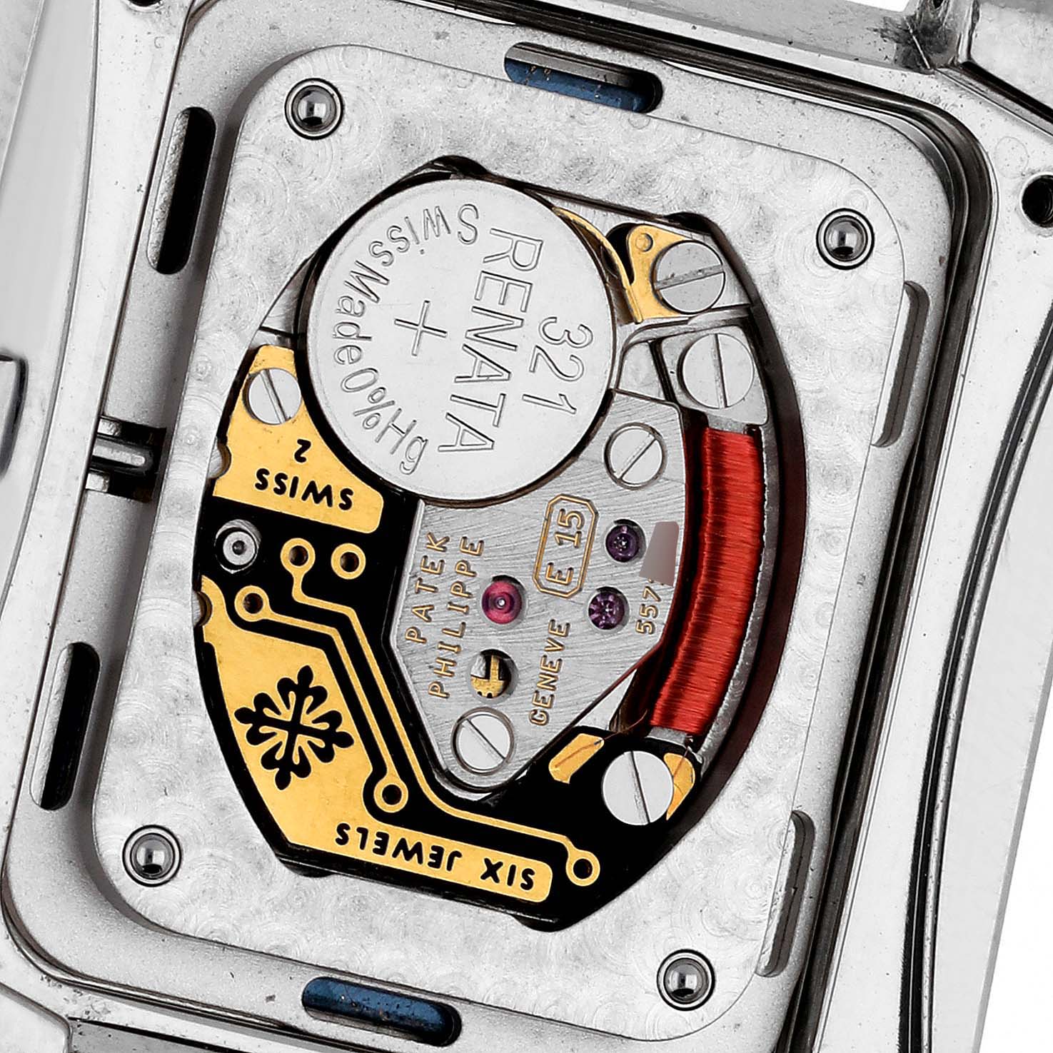 The image shows the back view of a Patek Philippe Twenty-4 4910/10A-012 Women's Stainless Steel Blue Dial 4910/10A-012 Women's Stainless Steel Blue Dial model watch, focusing on its internal movement and components.