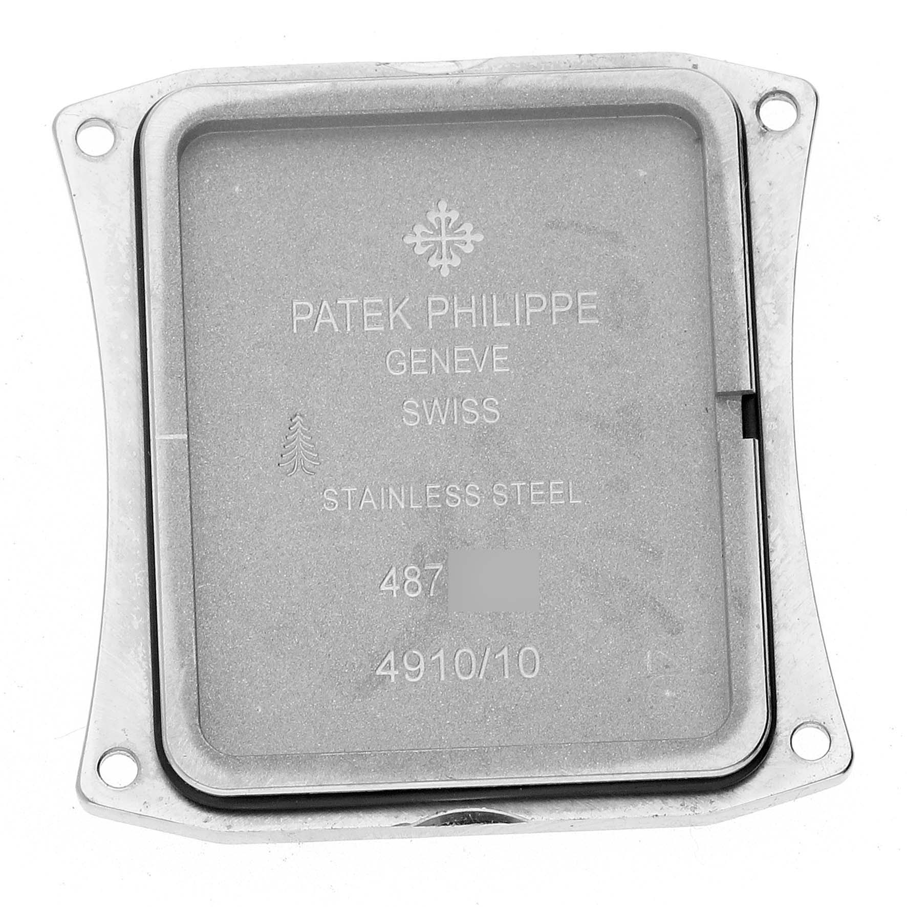 The image shows the case back of a Patek Philippe Twenty-4 4910/10A-012 Women's Stainless Steel Blue Dial 4910/10A-012 Women's Stainless Steel Blue Dial watch, viewed from a straight angle.