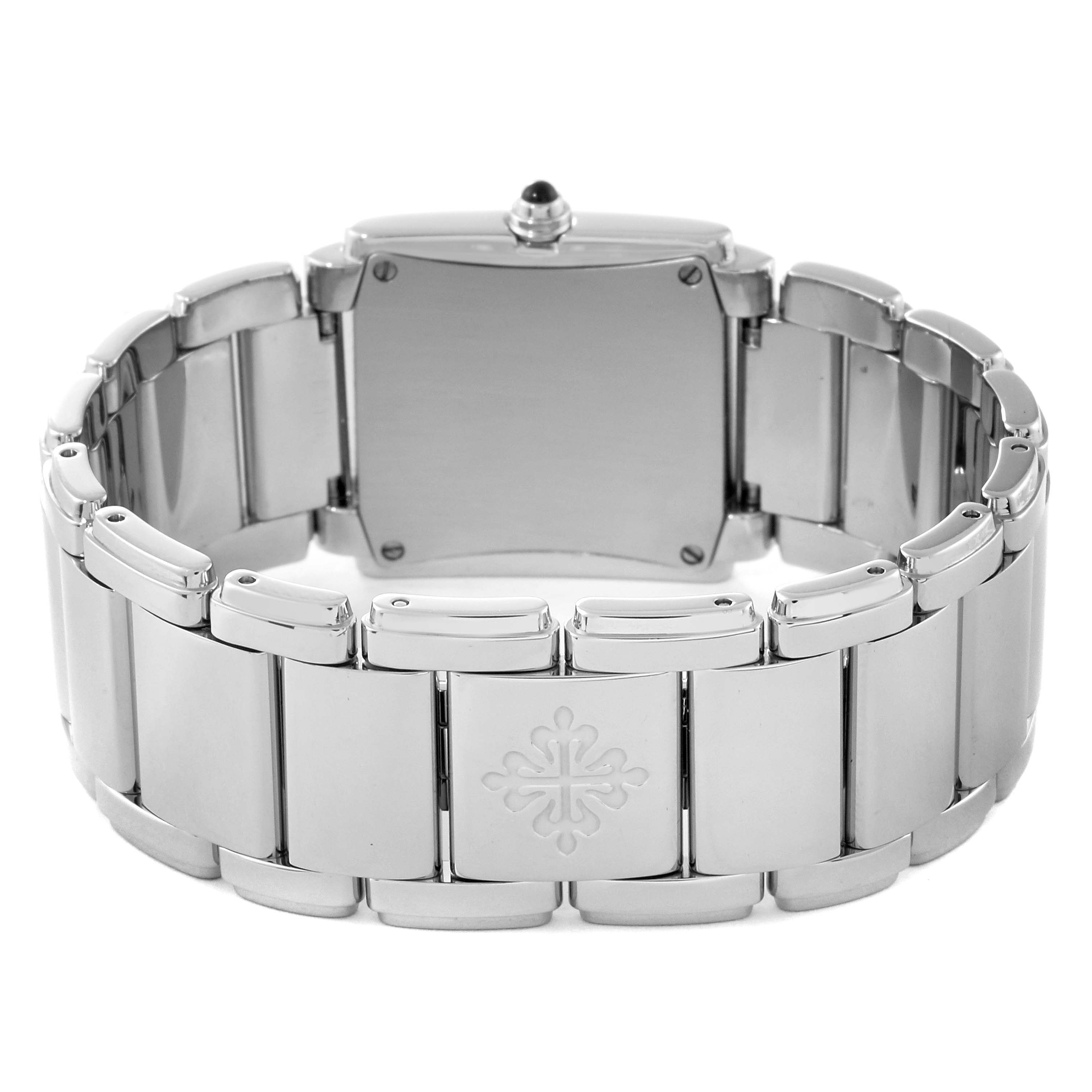 This image shows the rear view of the Patek Philippe Twenty-4 4910/10A-012 Women's Stainless Steel Blue Dial 4910/10A-012 Women's Stainless Steel Blue Dial watch, highlighting the bracelet, clasp, and case back.