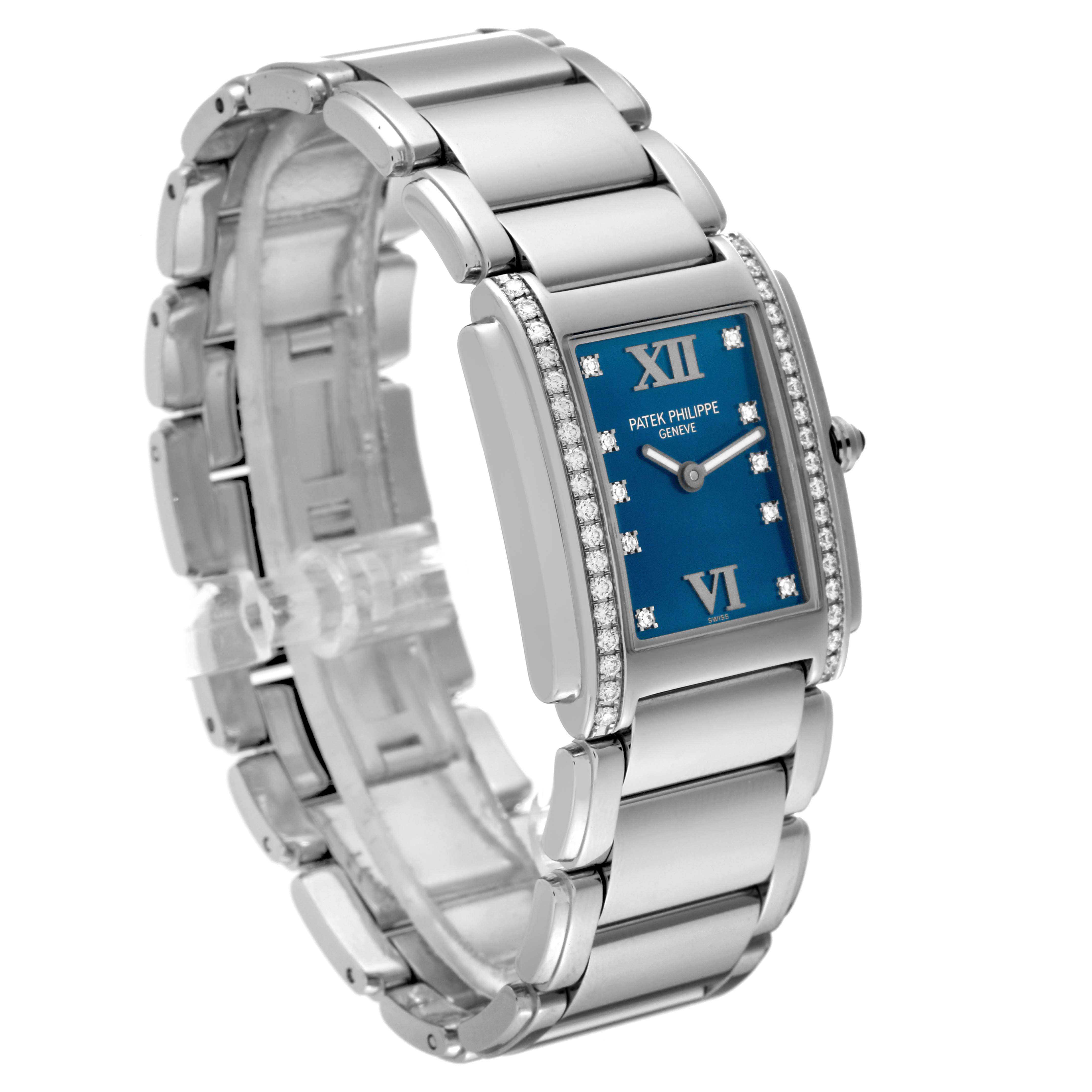 The Patek Philippe Twenty-4 4910/10A-012 Women's Stainless Steel Blue Dial 4910/10A-012 Women's Stainless Steel Blue Dial model is shown from a side and front angle, highlighting the blue dial, diamond bezel, and stainless steel bracelet.