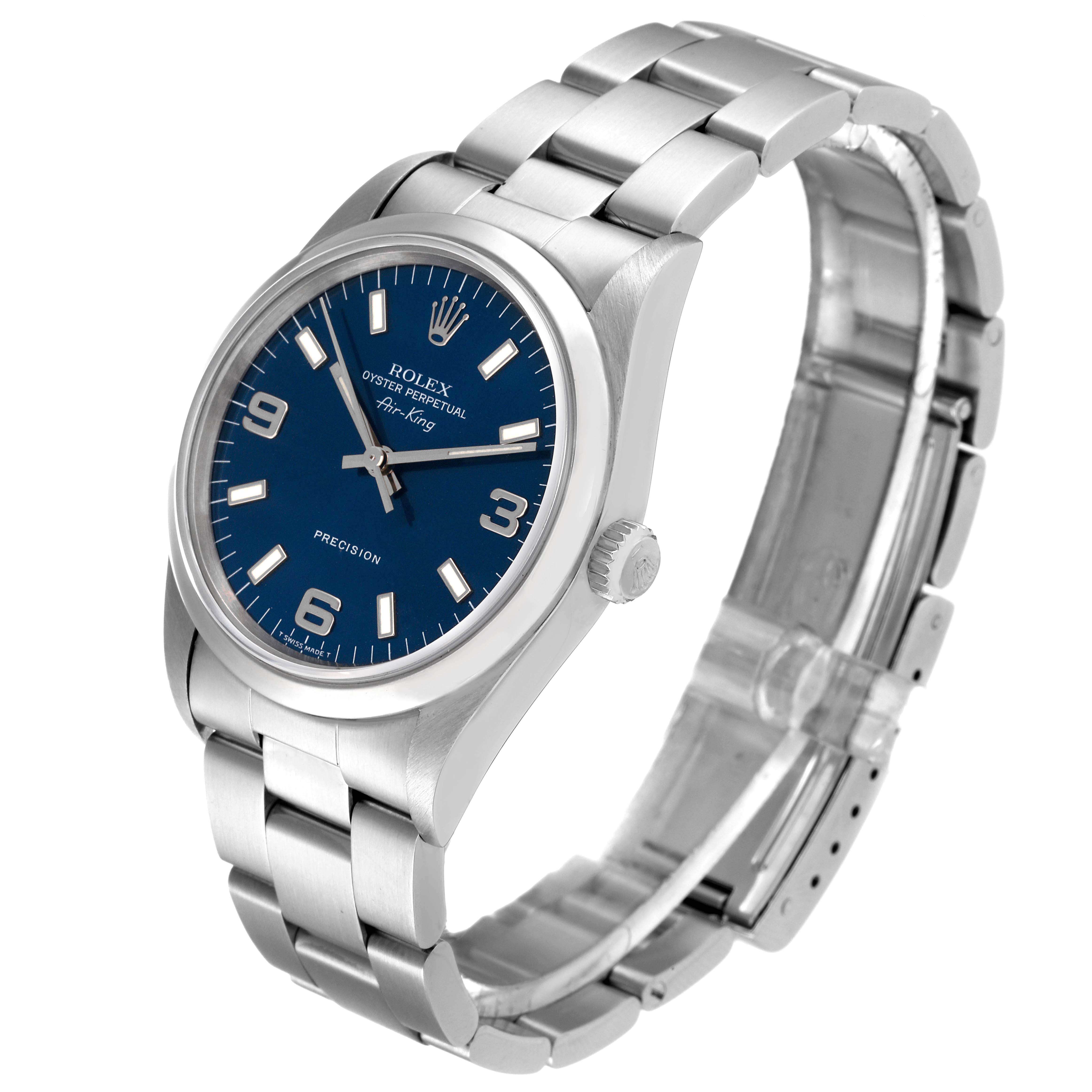 The image shows a Rolex Air-King 14000 Men's Stainless Steel Blue Dial 14000 Men's Stainless Steel Blue Dial watch at a tilted angle, highlighting the blue dial and metal bracelet.