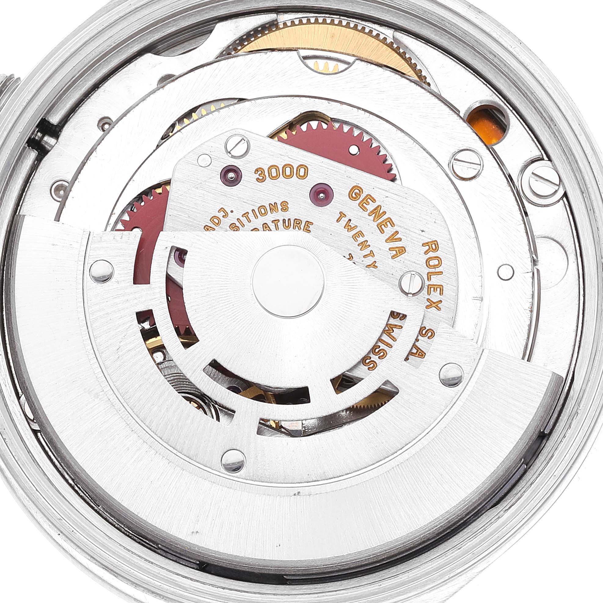 The image shows the inner mechanical movement of a Rolex Air-King 14000 Men's Stainless Steel Blue Dial 14000 Men's Stainless Steel Blue Dial watch, viewed from the back.