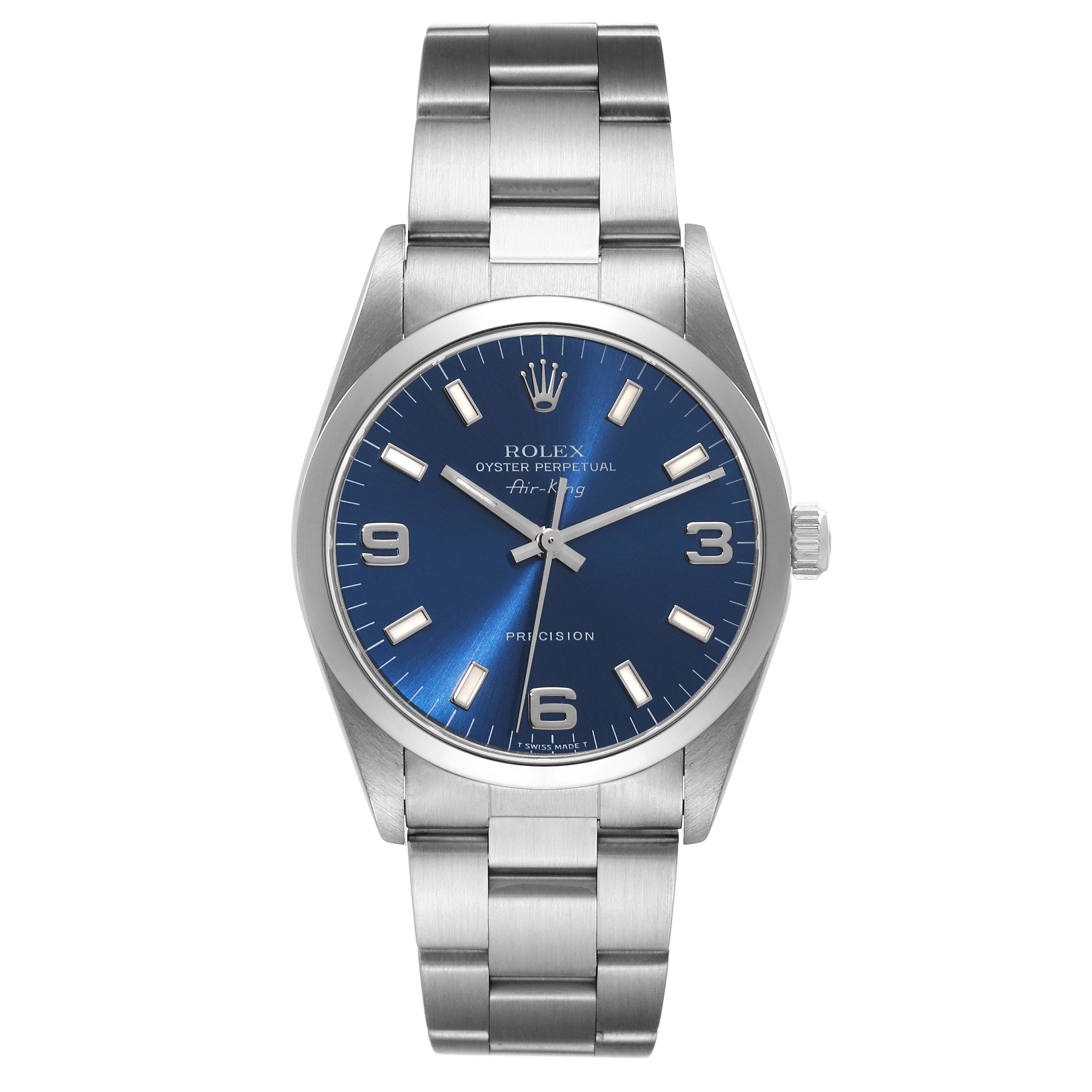 The Rolex Air-King 14000 Men's Stainless Steel Blue Dial 14000 Men's Stainless Steel Blue Dial watch is shown from a front angle displaying the face, bracelet, and crown.