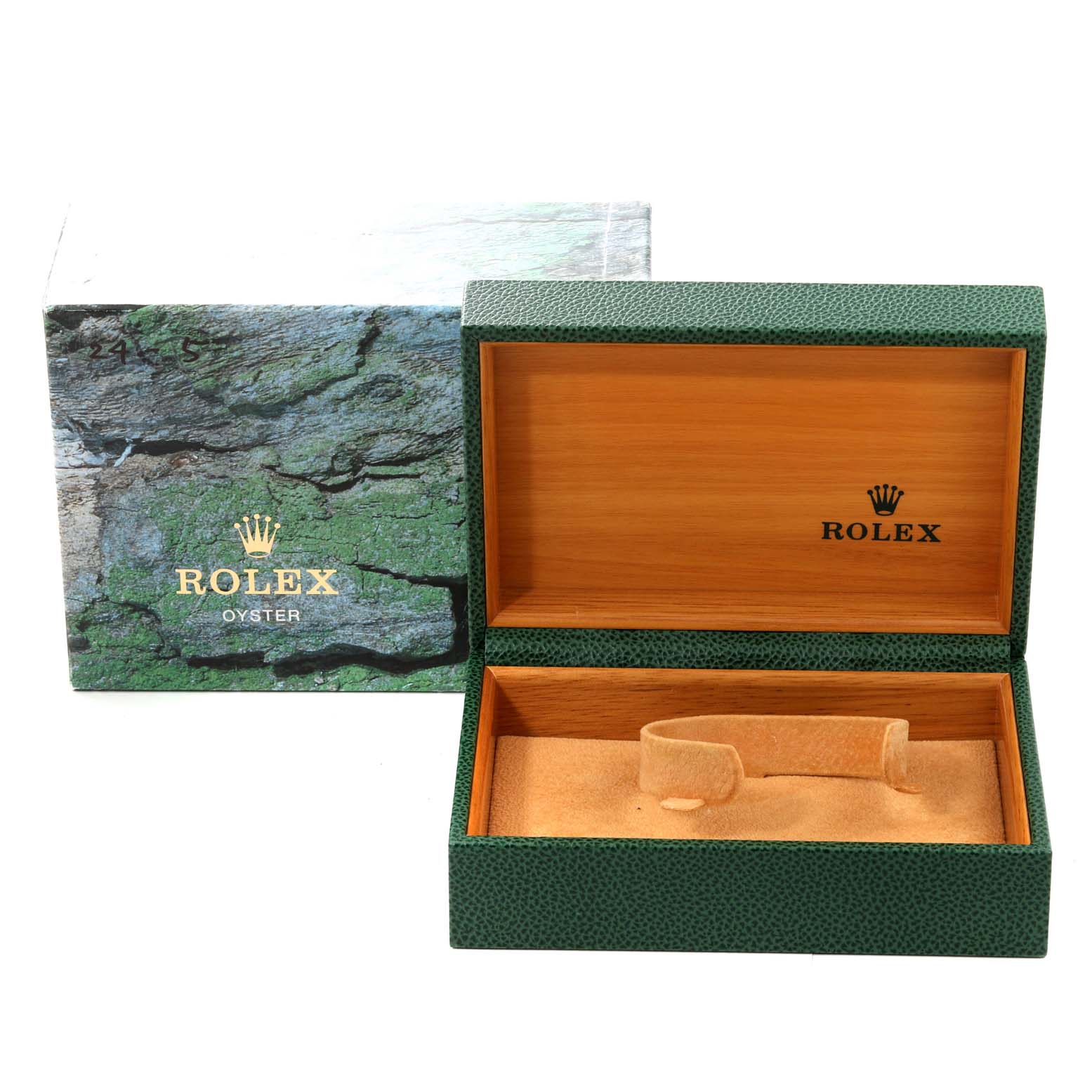 The image shows the open box of a Rolex Air-King 14000 Men's Stainless Steel Blue Dial 14000 Men's Stainless Steel Blue Dial watch, along with its outer packaging, viewed from the front.