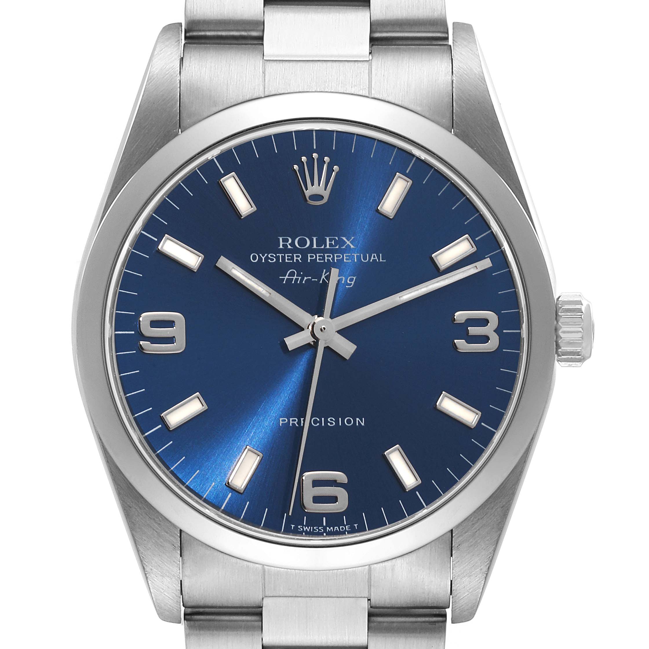 The image shows the front view of the Rolex Air-King 14000 Men's Stainless Steel Blue Dial 14000 Men's Stainless Steel Blue Dial watch, highlighting its blue dial, hour markers, hands, and crown.