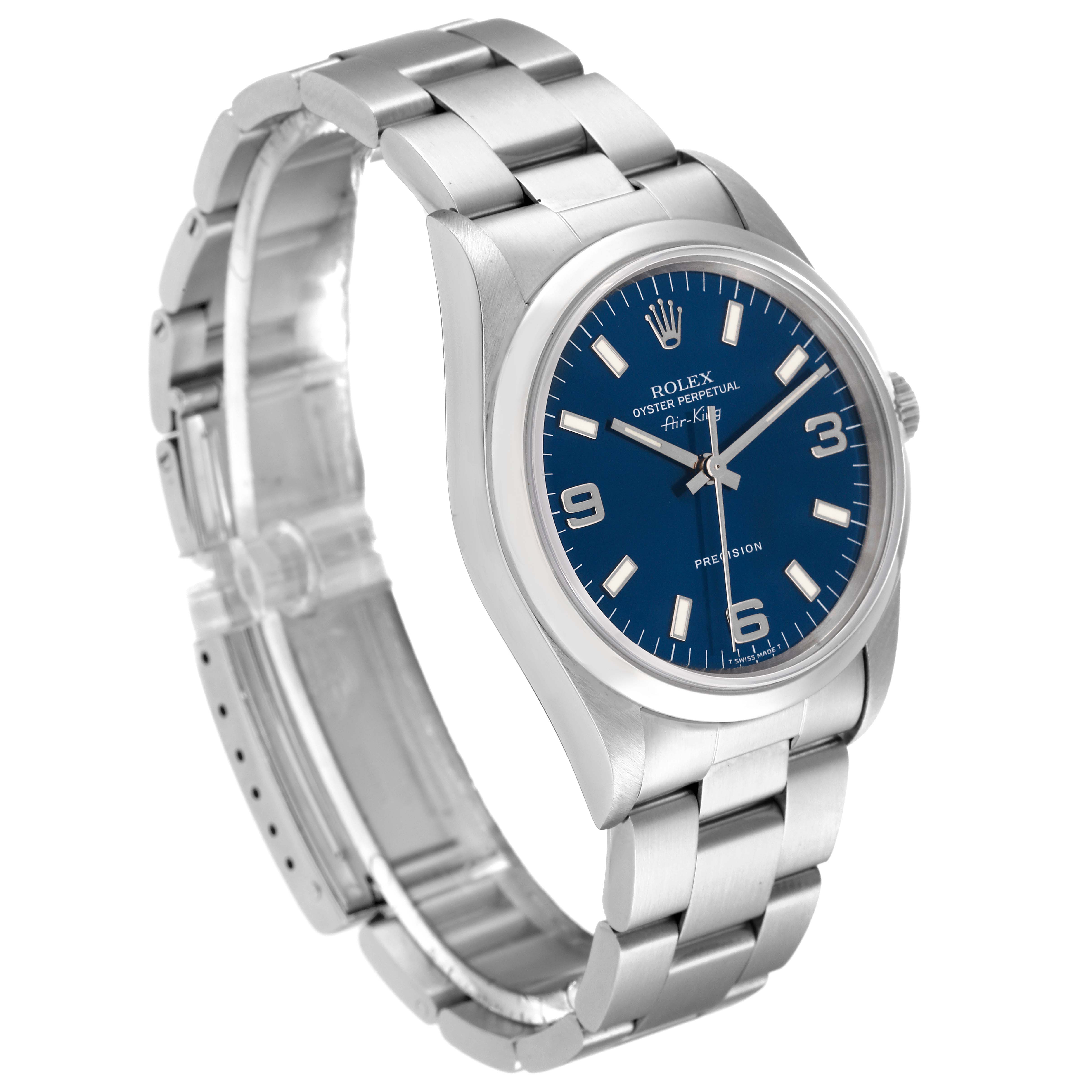The image shows a Rolex Air-King 14000 Men's Stainless Steel Blue Dial 14000 Men's Stainless Steel Blue Dial watch at a three-quarter angle, displaying the face, bezel, case, and bracelet.