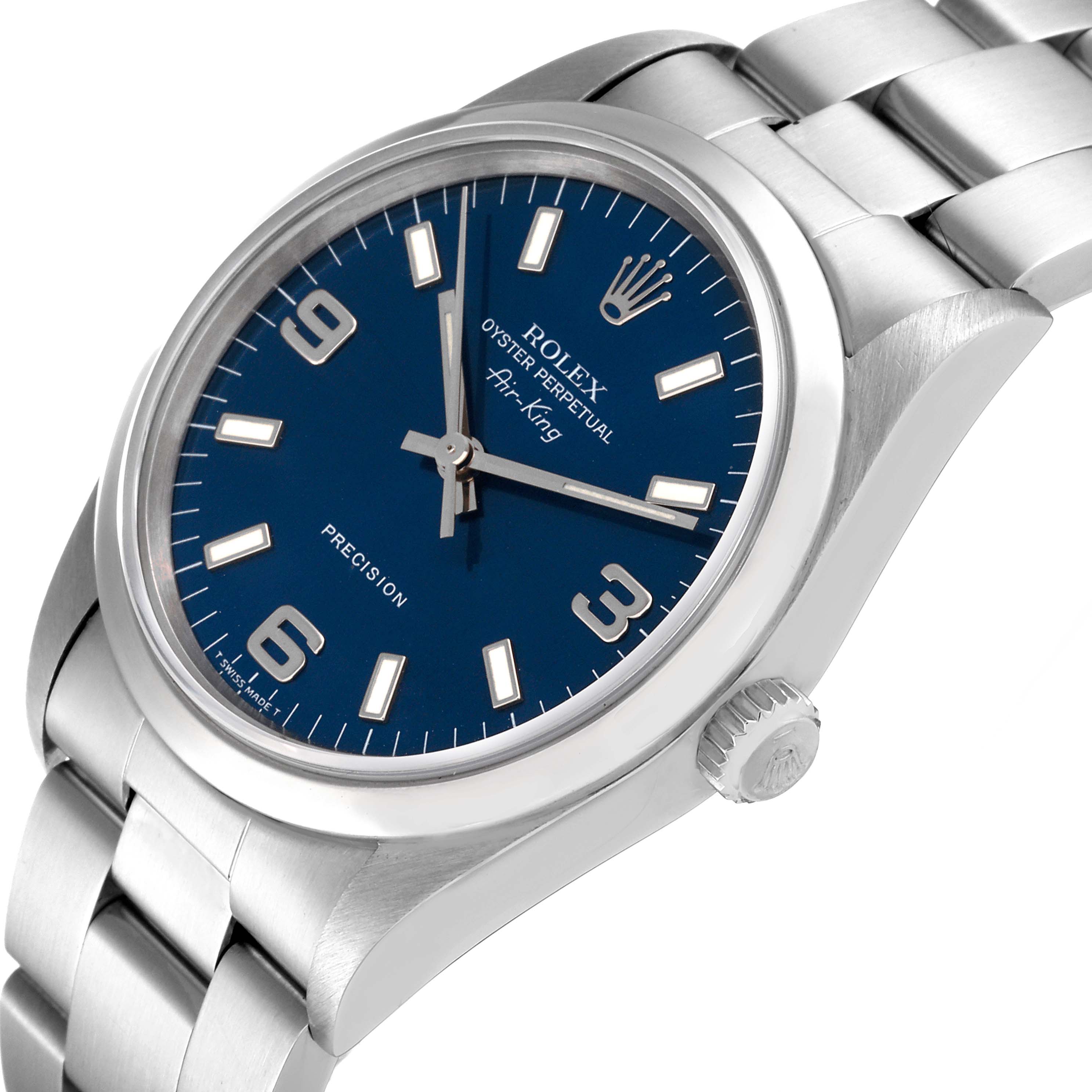 The Rolex Air-King 14000 Men's Stainless Steel Blue Dial 14000 Men's Stainless Steel Blue Dial watch is shown at a slight angle from the front, highlighting its face, case, and bracelet.