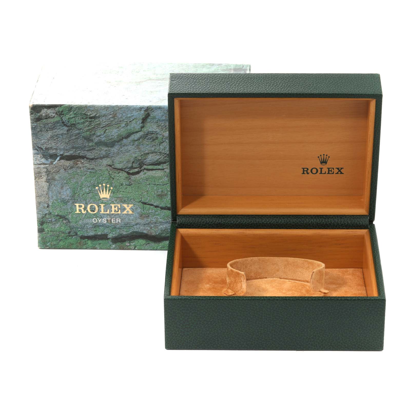 The image shows an open green leather Rolex box with a tan suede interior for the Air-King model, along with the outer packaging box.