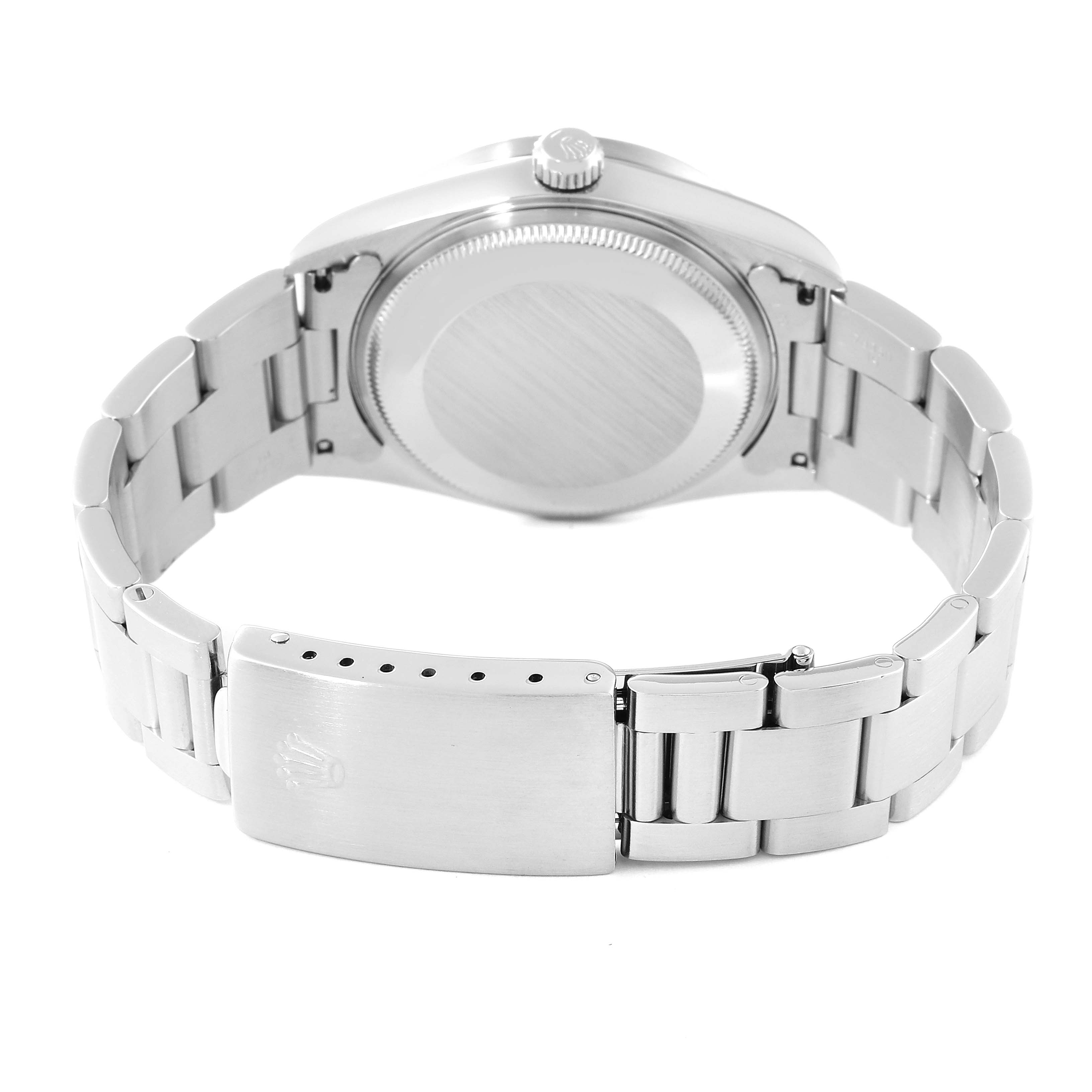 This image shows the back view of the Rolex Air-King 14010 Men's Stainless Steel Blue Dial 14010 Men's Stainless Steel Blue Dial watch, focusing on the case back and bracelet with the clasp.