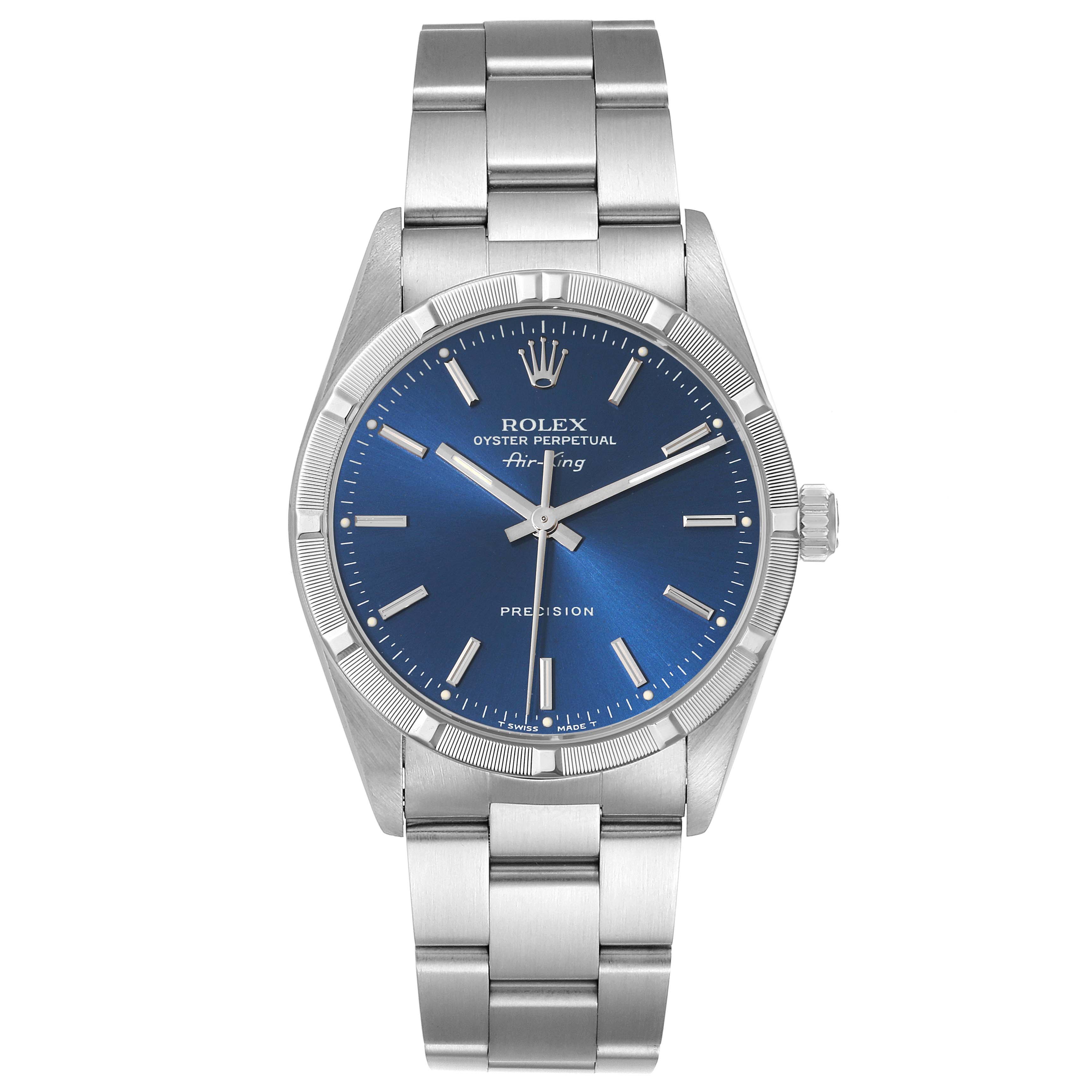 The Rolex Air-King 14010 Men's Stainless Steel Blue Dial 14010 Men's Stainless Steel Blue Dial watch is shown from a front angle, showcasing the bracelet, bezel, dial, and crown.