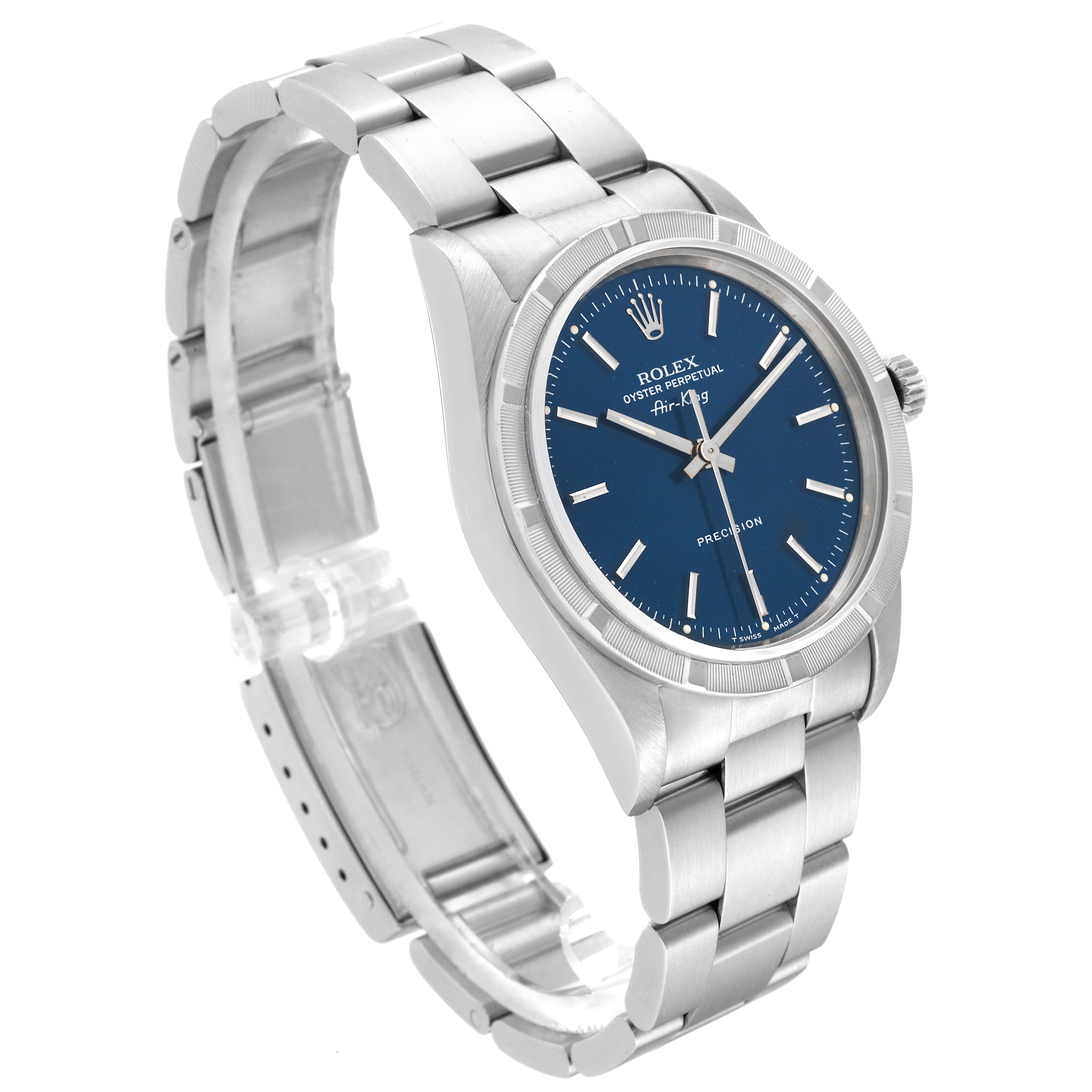 The image shows a Rolex Air-King 14010 Men's Stainless Steel Blue Dial 14010 Men's Stainless Steel Blue Dial watch at a right-facing angle, highlighting the dial, bezel, and bracelet.