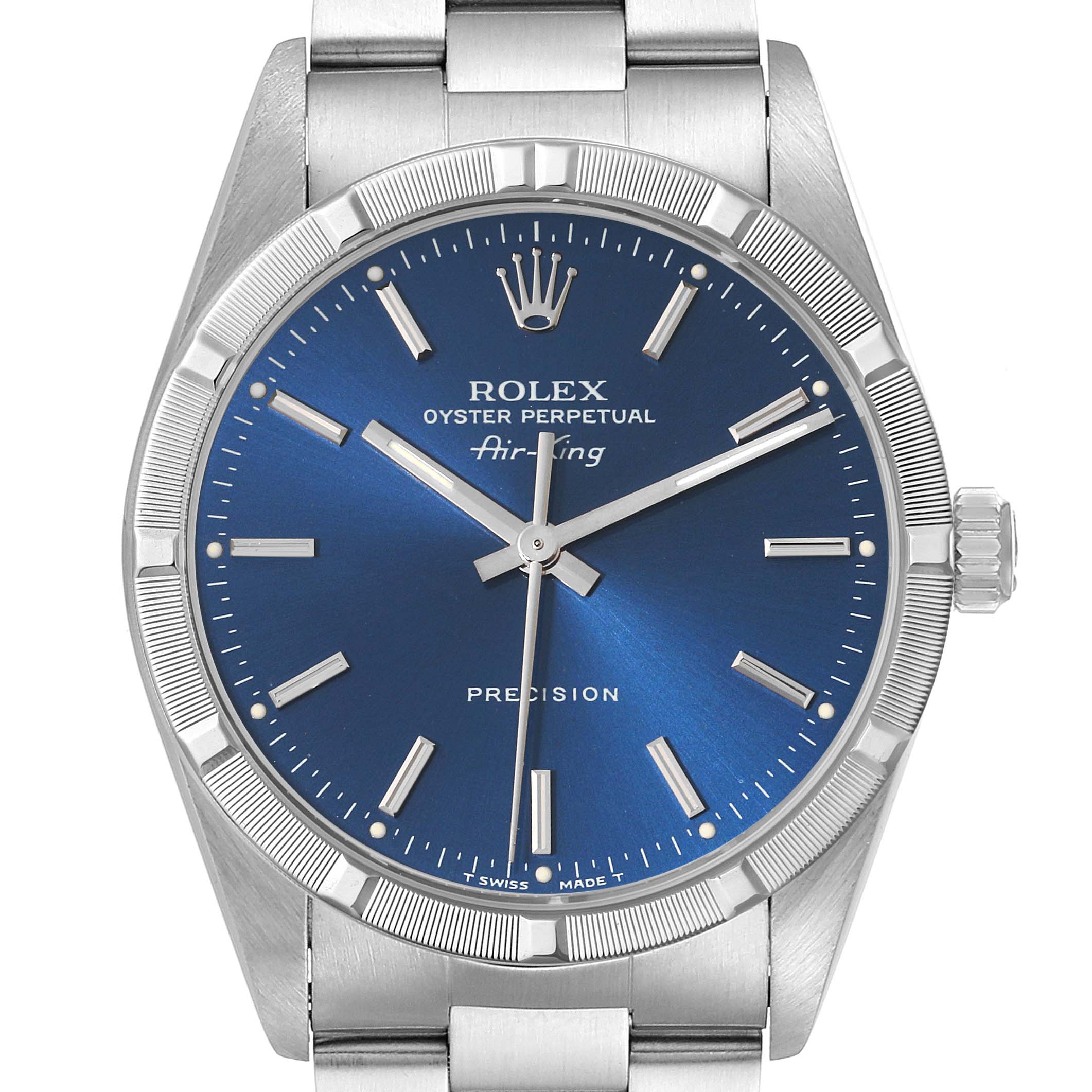 This image shows a front view of a Rolex Air-King 14010 Men's Stainless Steel Blue Dial 14010 Men's Stainless Steel Blue Dial watch, highlighting its blue dial, stainless steel case, and bracelet.