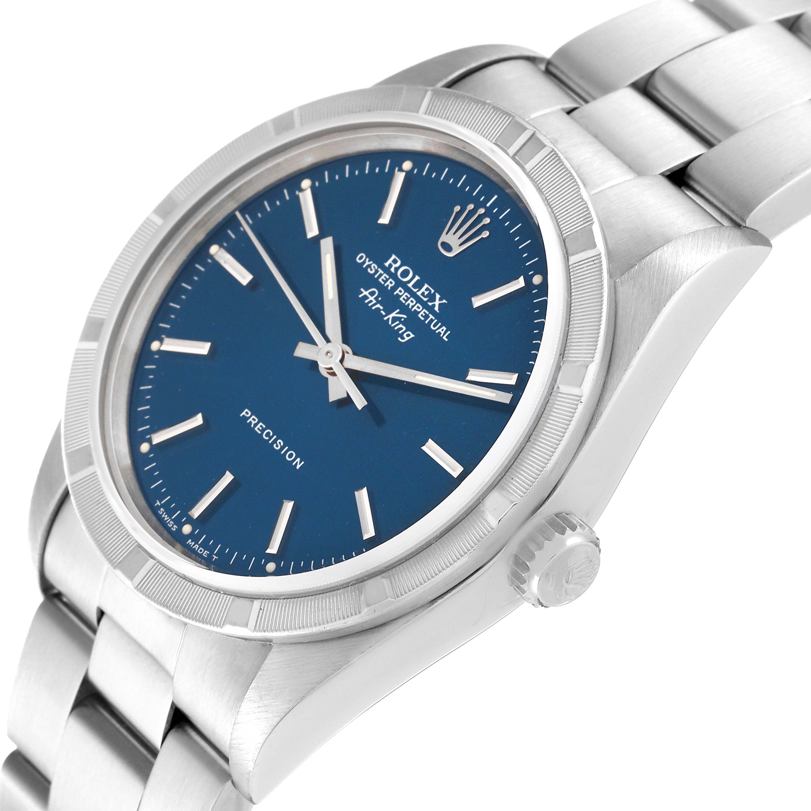 The image shows a Rolex Air-King 14010 Men's Stainless Steel Blue Dial 14010 Men's Stainless Steel Blue Dial watch at a close-up angle, highlighting the blue dial, bezel, crown, and metal bracelet.