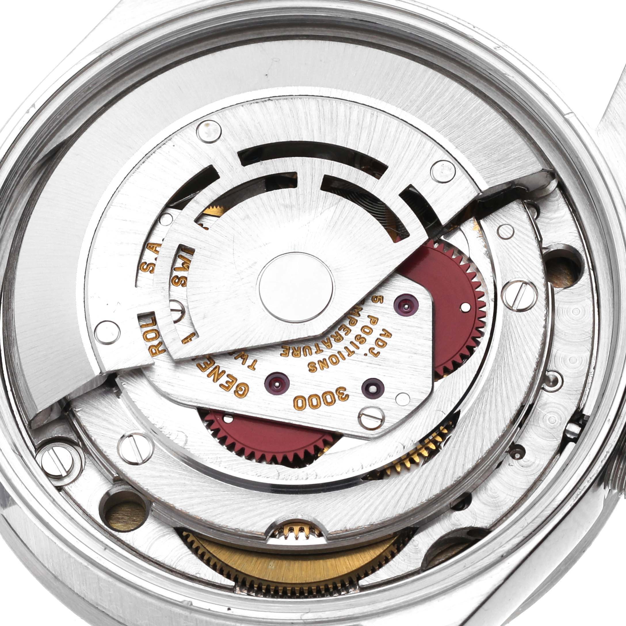 The image shows the internal mechanical movement and components of a Rolex Air-King 14010 Men's Stainless Steel Blue Dial 14010 Men's Stainless Steel Blue Dial watch from a top-down angle.