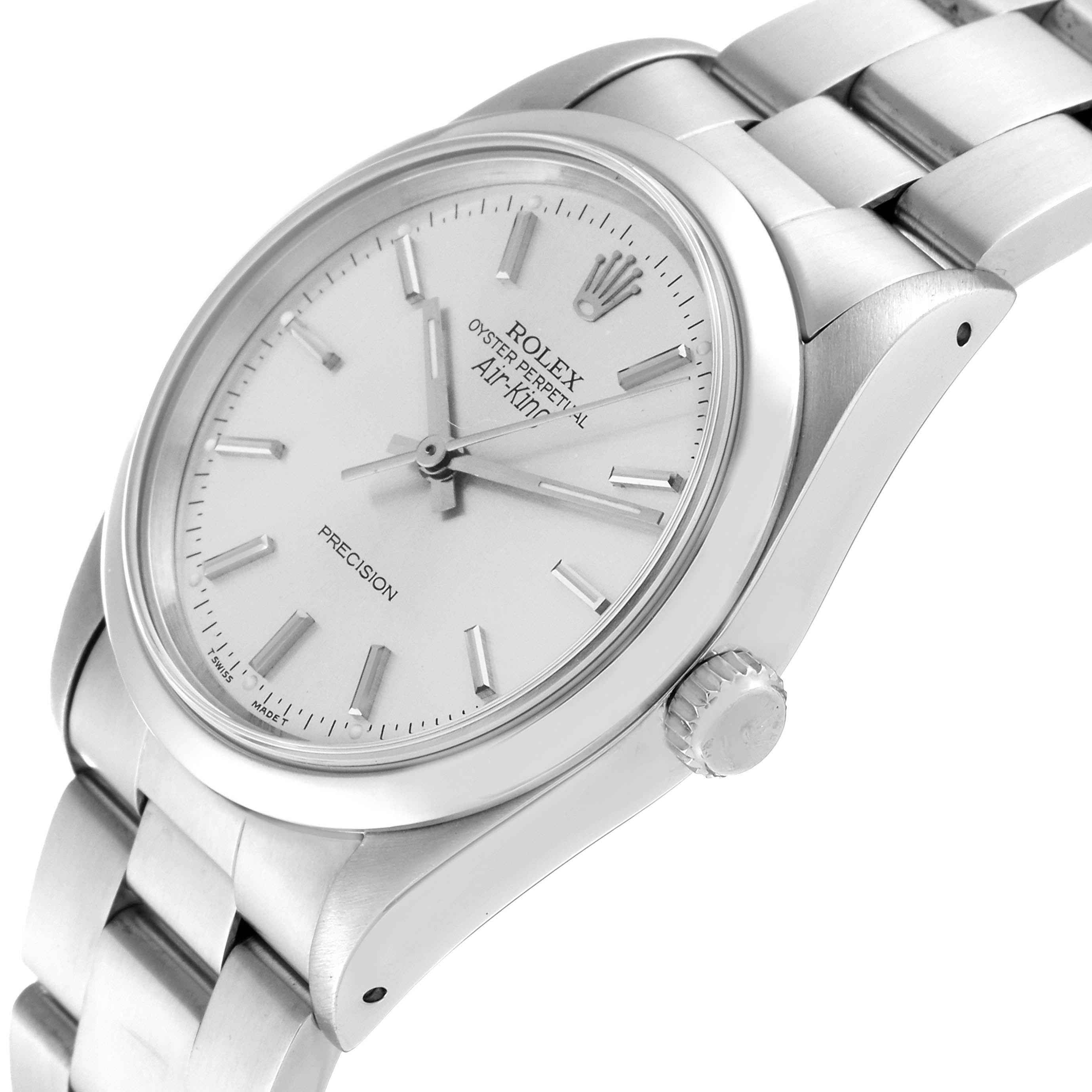 The image shows an angled view of the Rolex Air-King 14000 Men's Stainless Steel Silver Dial 14000 Men's Stainless Steel Silver Dial watch, highlighting the dial, bezel, crown, and part of the bracelet.