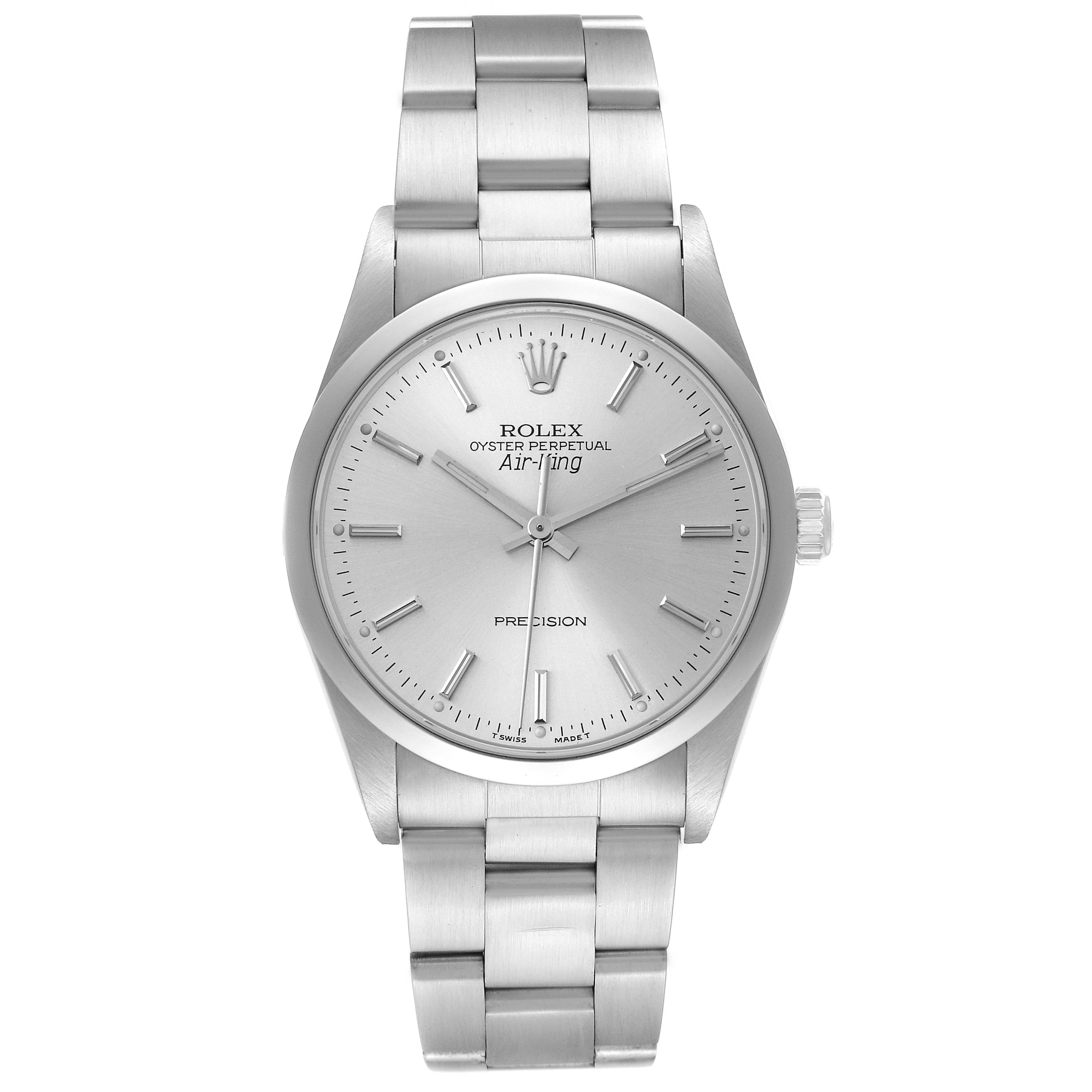 The image shows a front view of a Rolex Air-King 14000 Men's Stainless Steel Silver Dial 14000 Men's Stainless Steel Silver Dial watch, displaying its face, bezel, and bracelet in full.