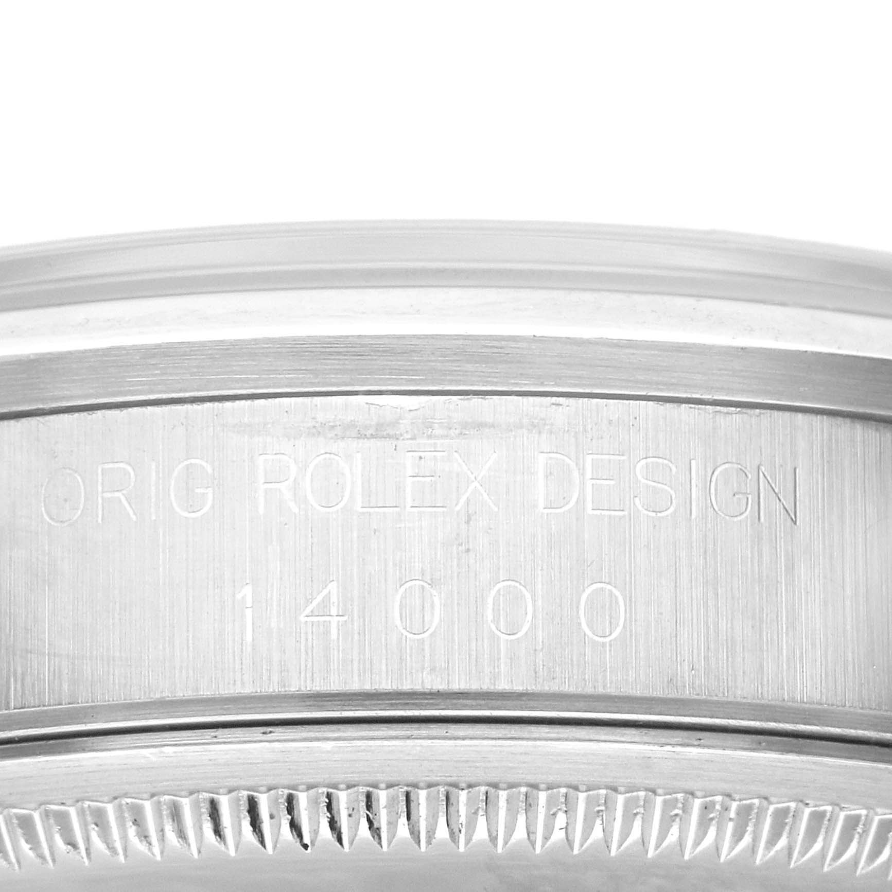 This is a close-up angle of the engraved bezel on a Rolex Air-King 14000 Men's Stainless Steel Silver Dial 14000 Men's Stainless Steel Silver Dial watch, displaying its model number 14000.
