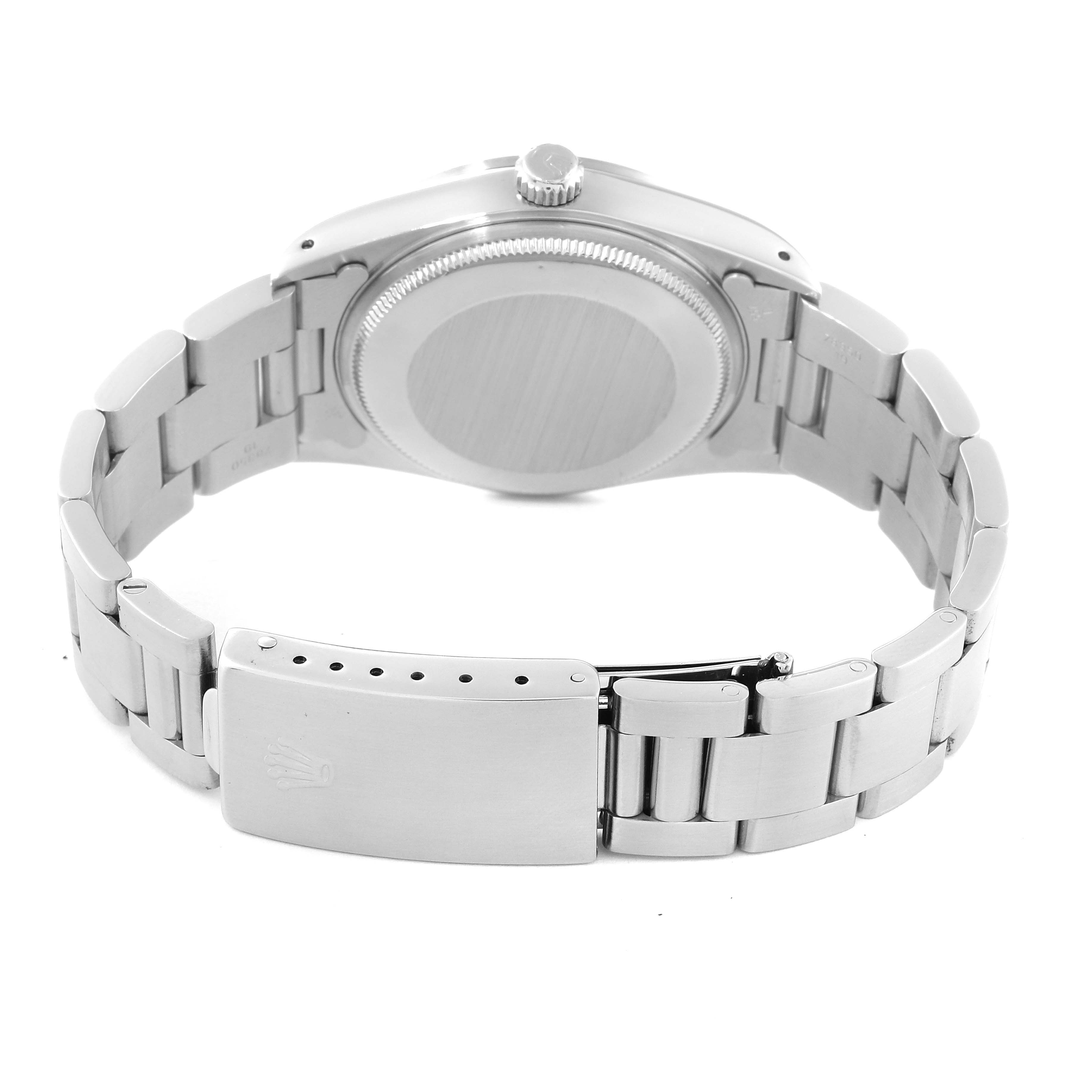 The image shows the back view of a Rolex Air-King 14000 Men's Stainless Steel Silver Dial 14000 Men's Stainless Steel Silver Dial watch, highlighting its case back and bracelet with the clasp.