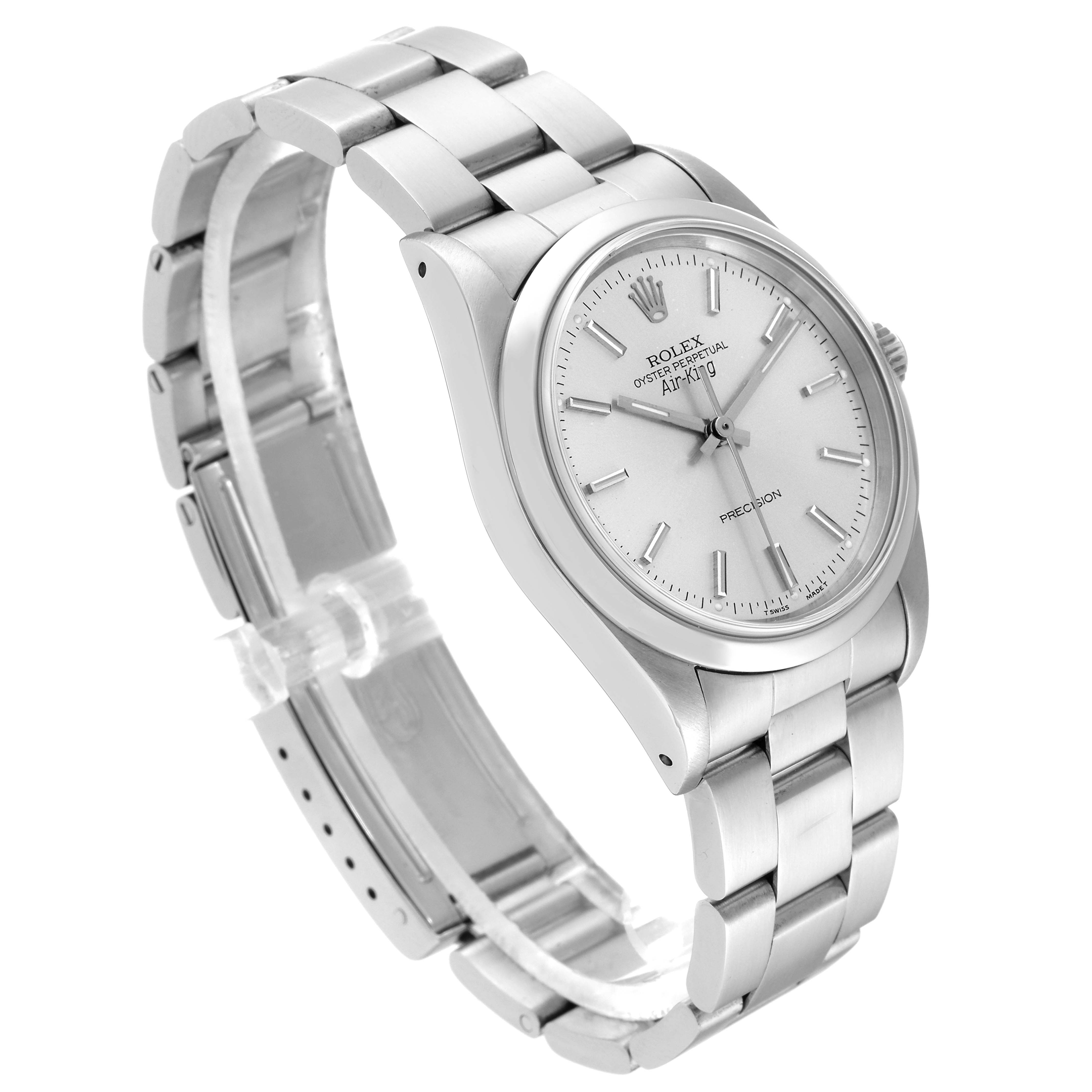 The image shows a side-angle view of a Rolex Air-King 14000 Men's Stainless Steel Silver Dial 14000 Men's Stainless Steel Silver Dial watch, focusing on the bracelet, dial, and case.