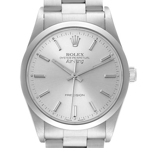 The Rolex Air-King watch is shown from a front angle, highlighting the dial, hands, crown, and part of the bracelet.