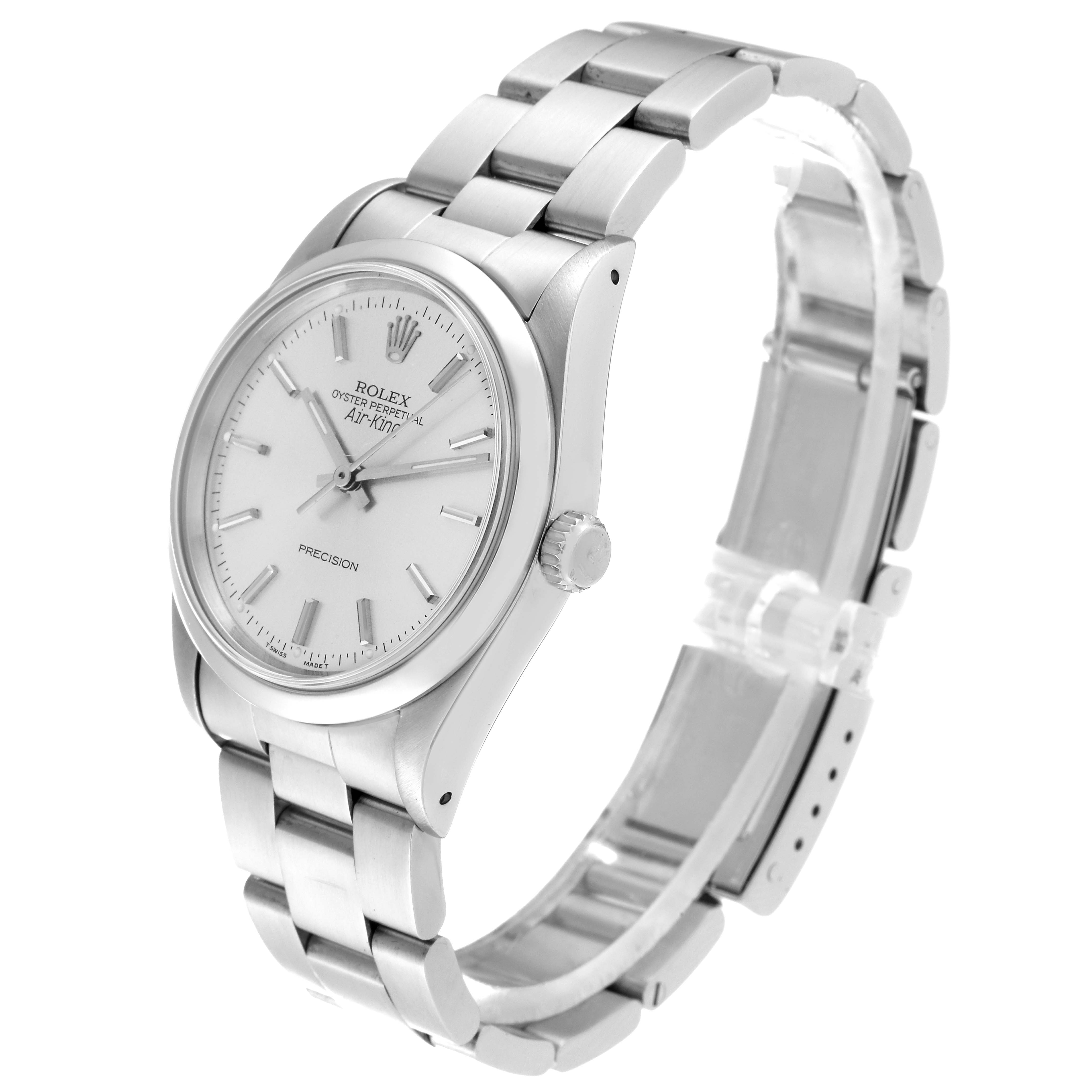 The Rolex Air-King 14000 Men's Stainless Steel Silver Dial 14000 Men's Stainless Steel Silver Dial watch is shown at an angle highlighting the face, crown, bezel, and the bracelet.