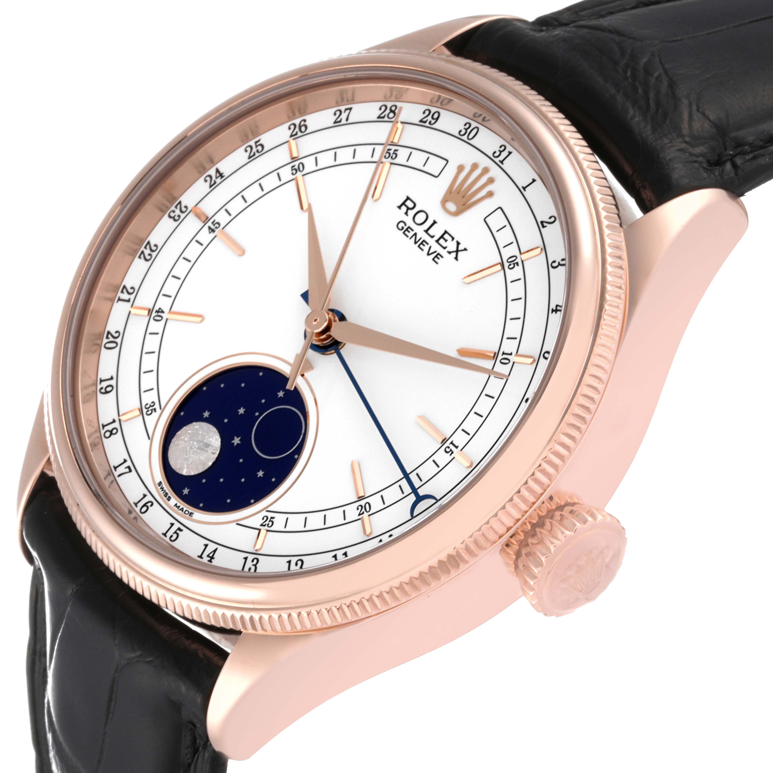 The image shows a Rolex Cellini 50535 Men's Rose Gold White Dial 50535 Men's Rose Gold White Dial watch at an angled view, highlighting the face, bezel, crown, and a portion of the strap.