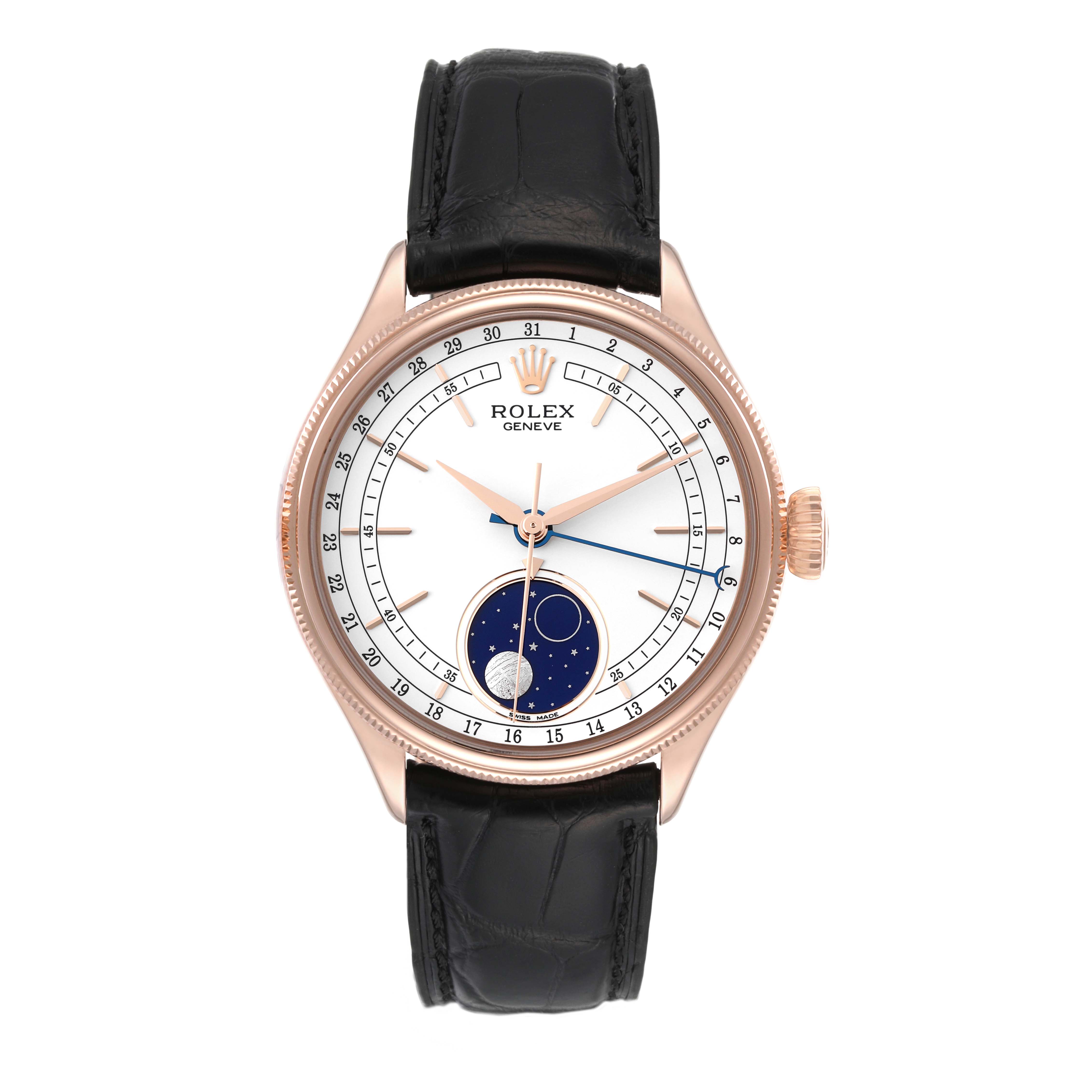 The Rolex Cellini 50535 Men's Rose Gold White Dial 50535 Men's Rose Gold White Dial watch is shown from a front angle, displaying its dial, hands, subdial, and black strap.