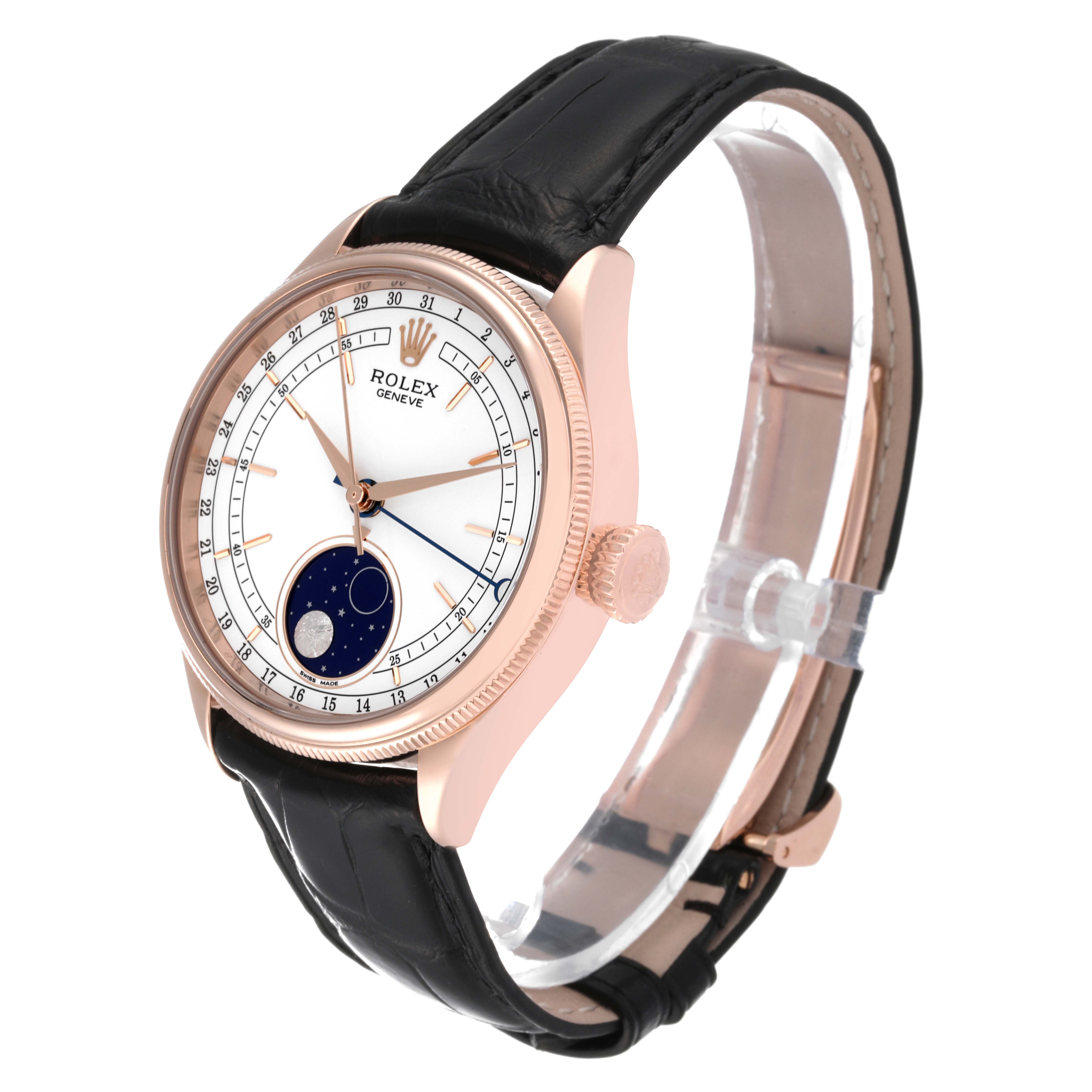 The image shows a Rolex Cellini 50535 Men's Rose Gold White Dial 50535 Men's Rose Gold White Dial watch at a three-quarter angle, displaying the face, crown, and black leather strap.