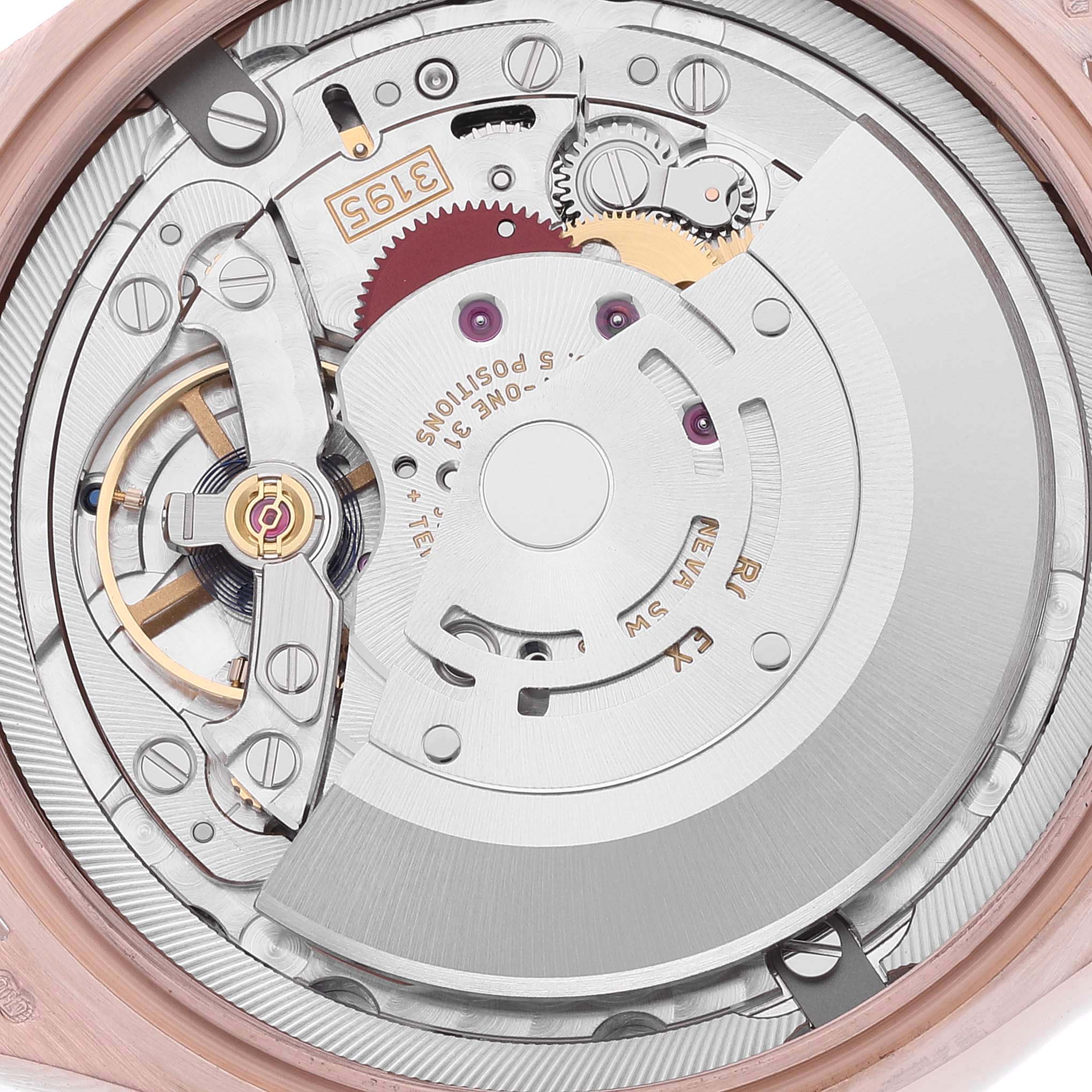 This image shows a close-up view of the movement mechanism inside a Rolex Cellini 50535 Men's Rose Gold White Dial 50535 Men's Rose Gold White Dial watch.