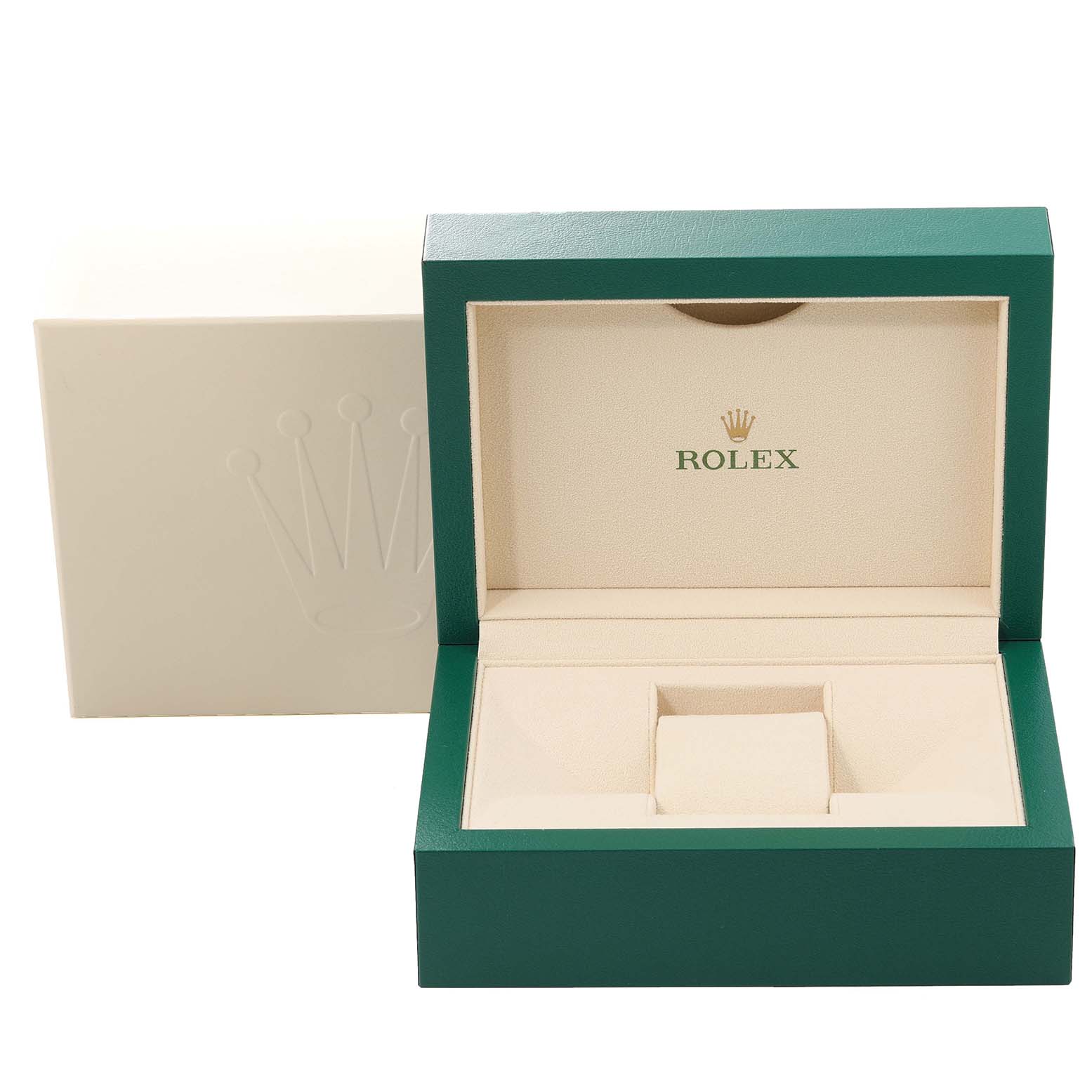 The image shows an open green and beige Rolex Cellini 50535 Men's Rose Gold White Dial 50535 Men's Rose Gold White Dial watch box viewed from the front, with the Rolex logo visible inside.