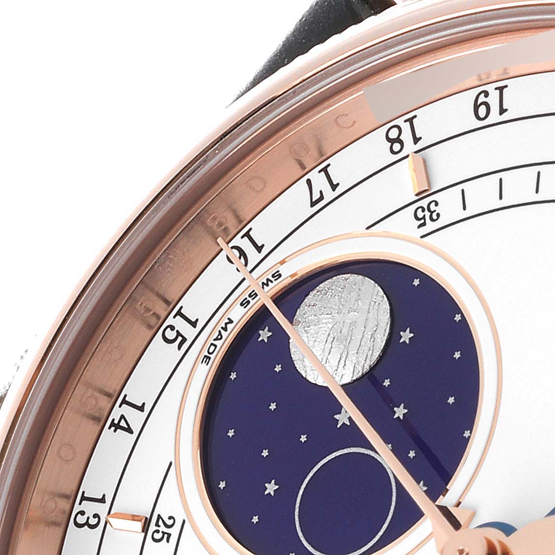 The image shows a close-up of the dial of a Rolex Cellini 50535 Men's Rose Gold White Dial 50535 Men's Rose Gold White Dial watch, highlighting its moonphase display and date markings.