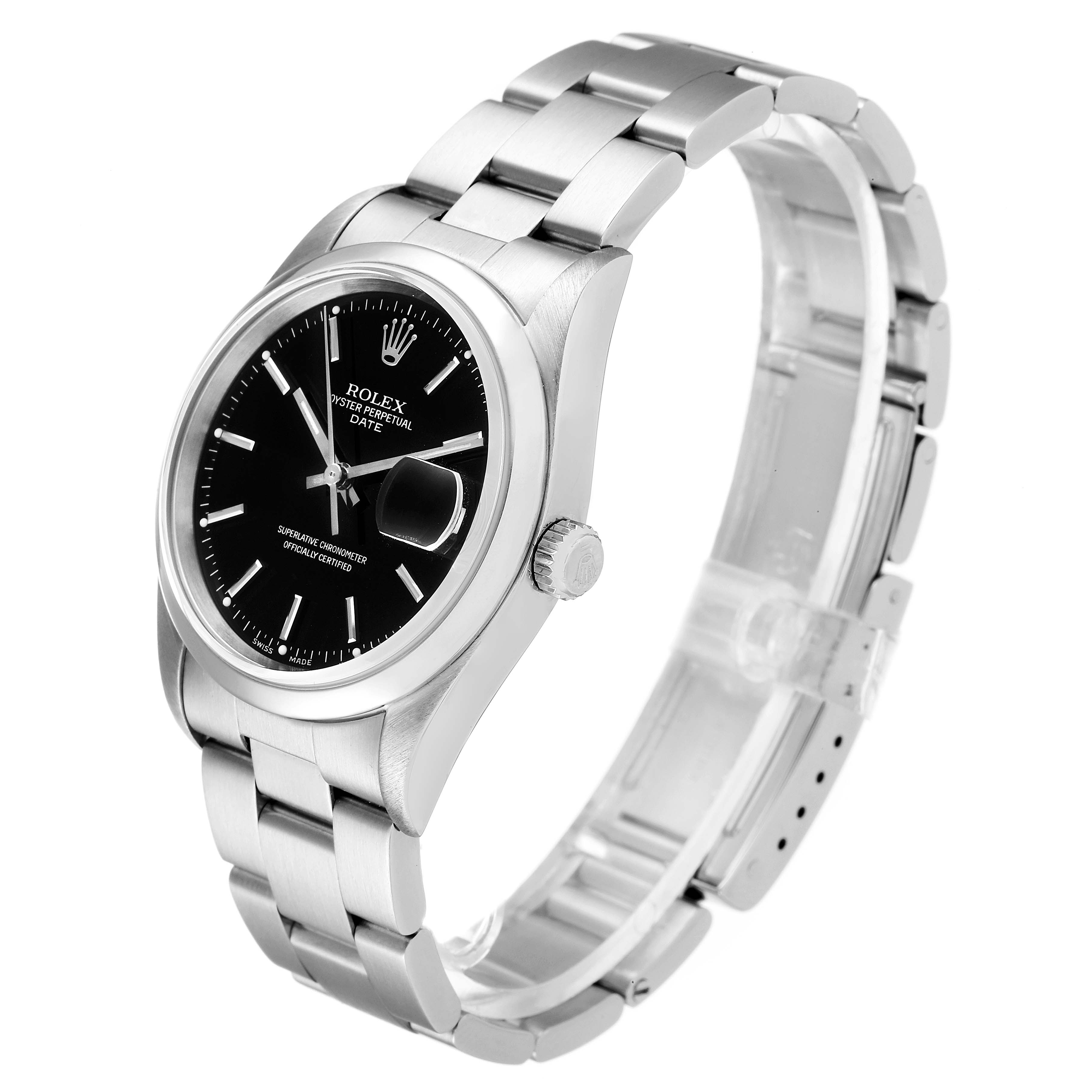 The Rolex Date 15200 Men's Stainless Steel Black Dial 15200 Men's Stainless Steel Black Dial model watch is shown at a 3/4 angle, highlighting the black dial, bezel, crown, and stainless steel bracelet.