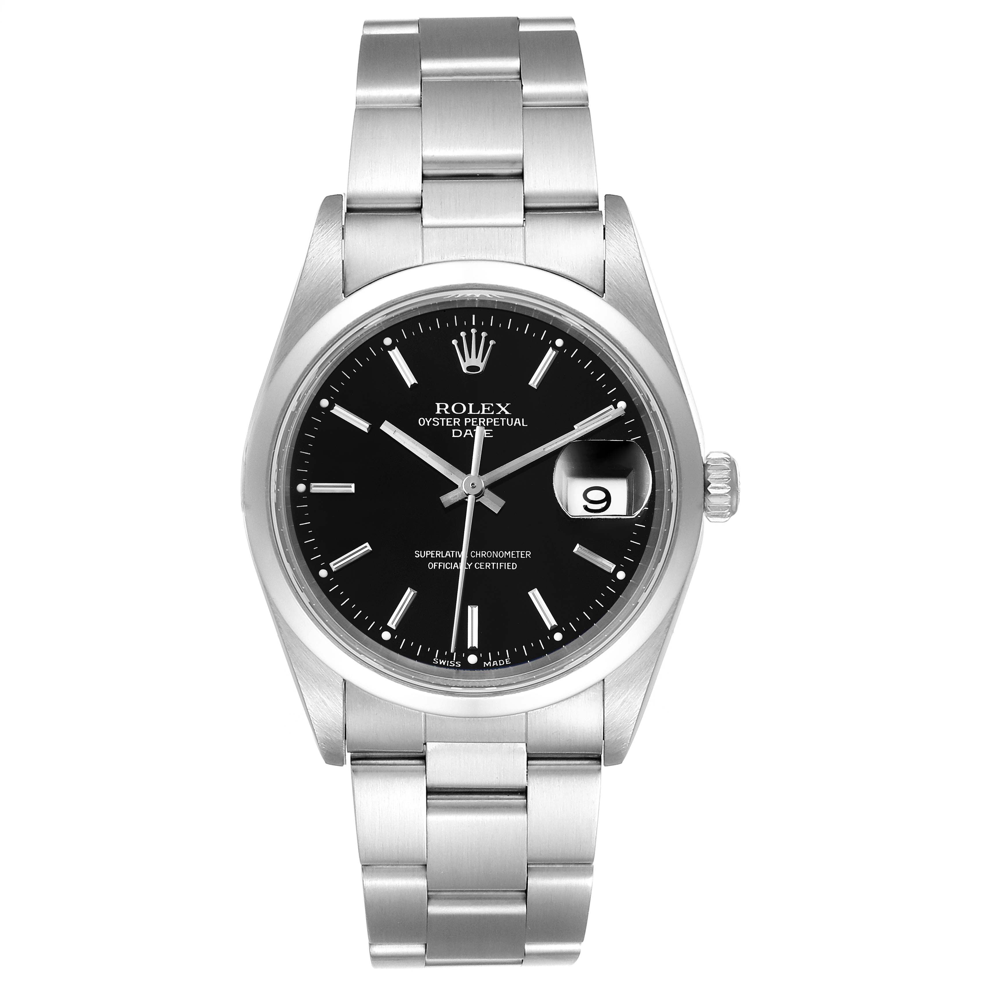This is a front view of a Rolex Date 15200 Men's Stainless Steel Black Dial 15200 Men's Stainless Steel Black Dial model watch, displaying its dial, bezel, bracelet, and the date window.