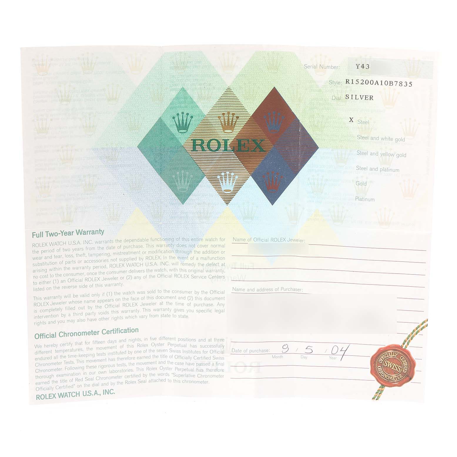 The image shows an official warranty certificate for a Rolex Date 15200 Men's Stainless Steel Black Dial 15200 Men's Stainless Steel Black Dial model watch, including model details and purchase information.