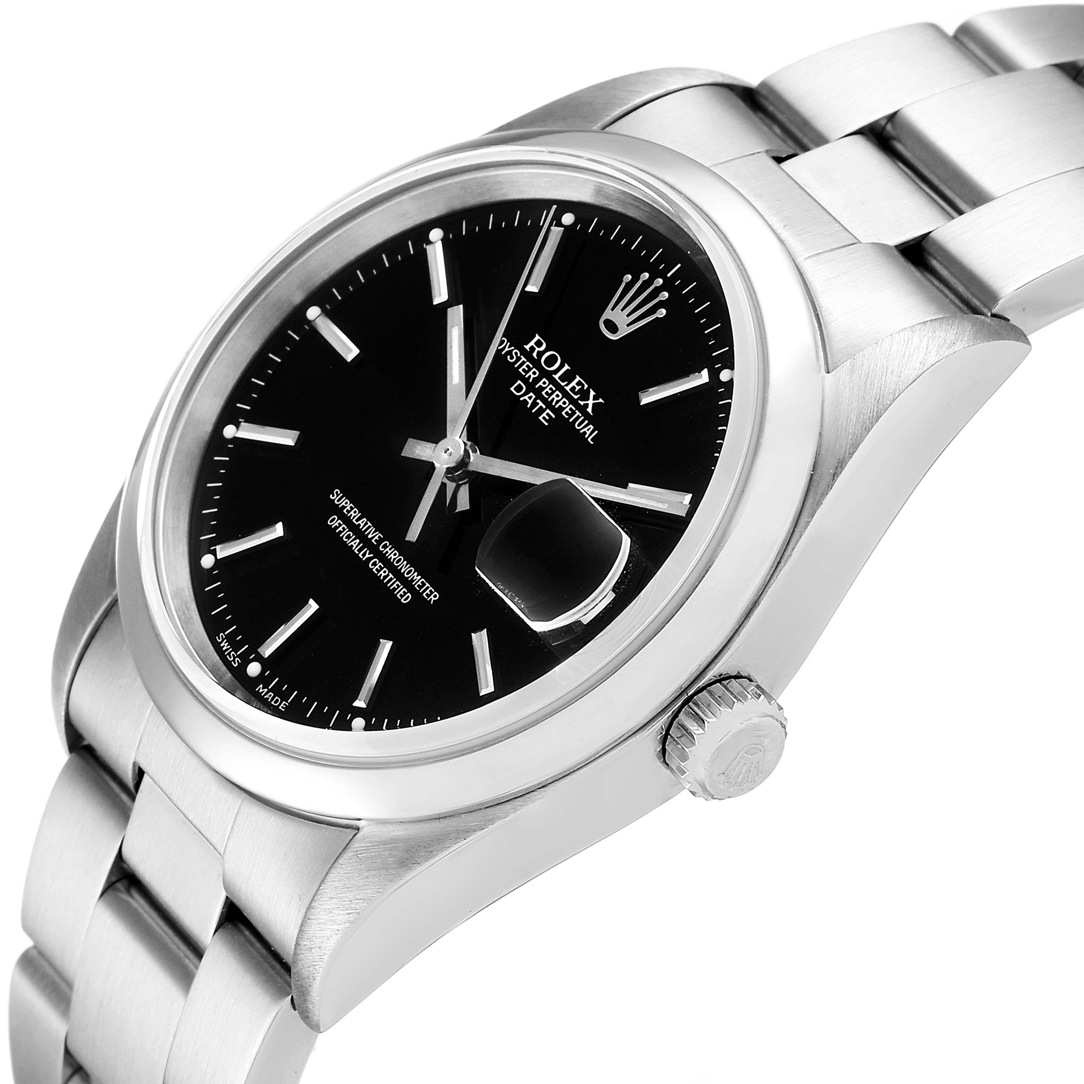 The image shows a side view angle of a Rolex Date 15200 Men's Stainless Steel Black Dial 15200 Men's Stainless Steel Black Dial model watch, highlighting the dial, crown, bezel, and part of the bracelet.