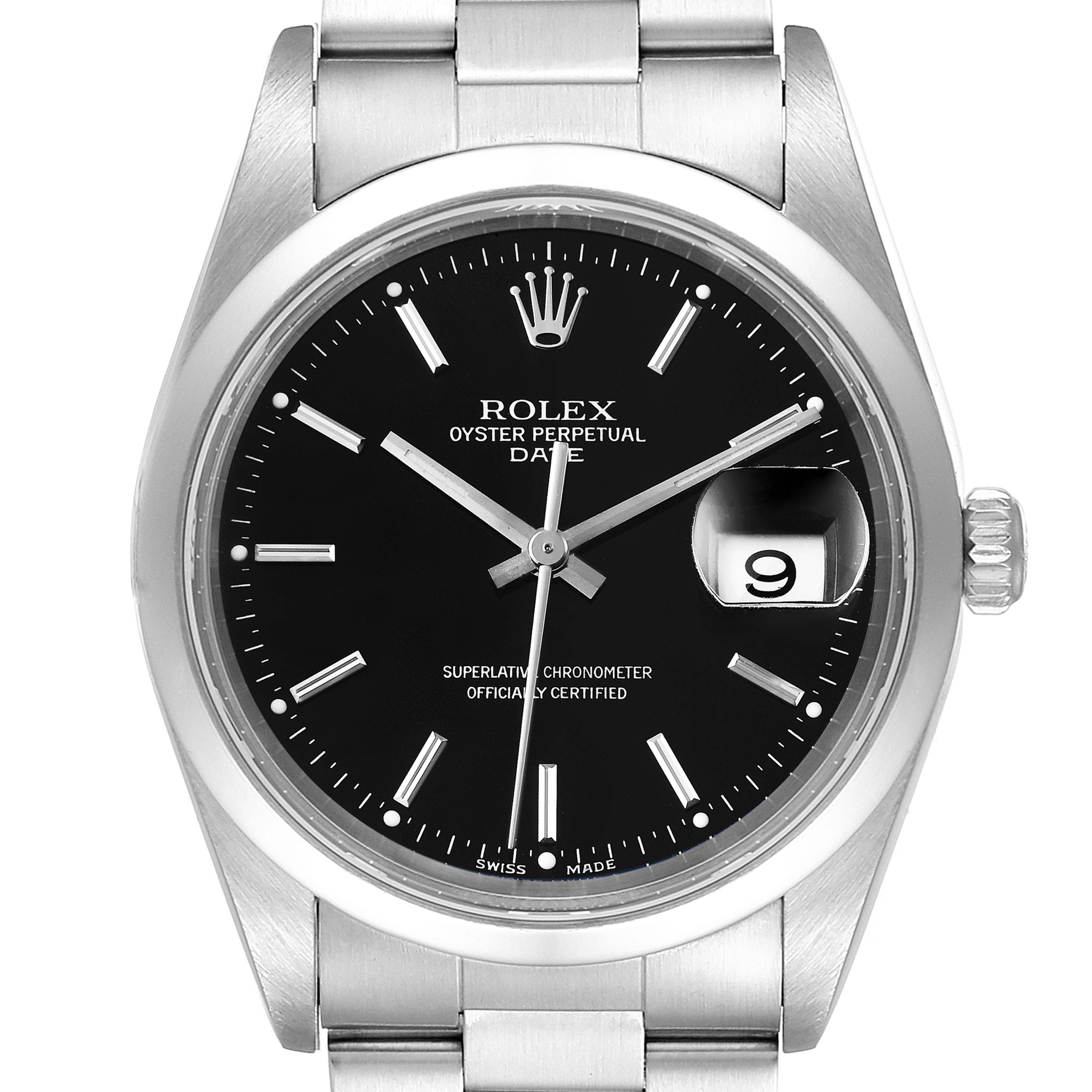 The image shows a Rolex Date 15200 Men's Stainless Steel Black Dial 15200 Men's Stainless Steel Black Dial model watch from a front angle, highlighting the black dial, date window, and stainless steel bracelet.