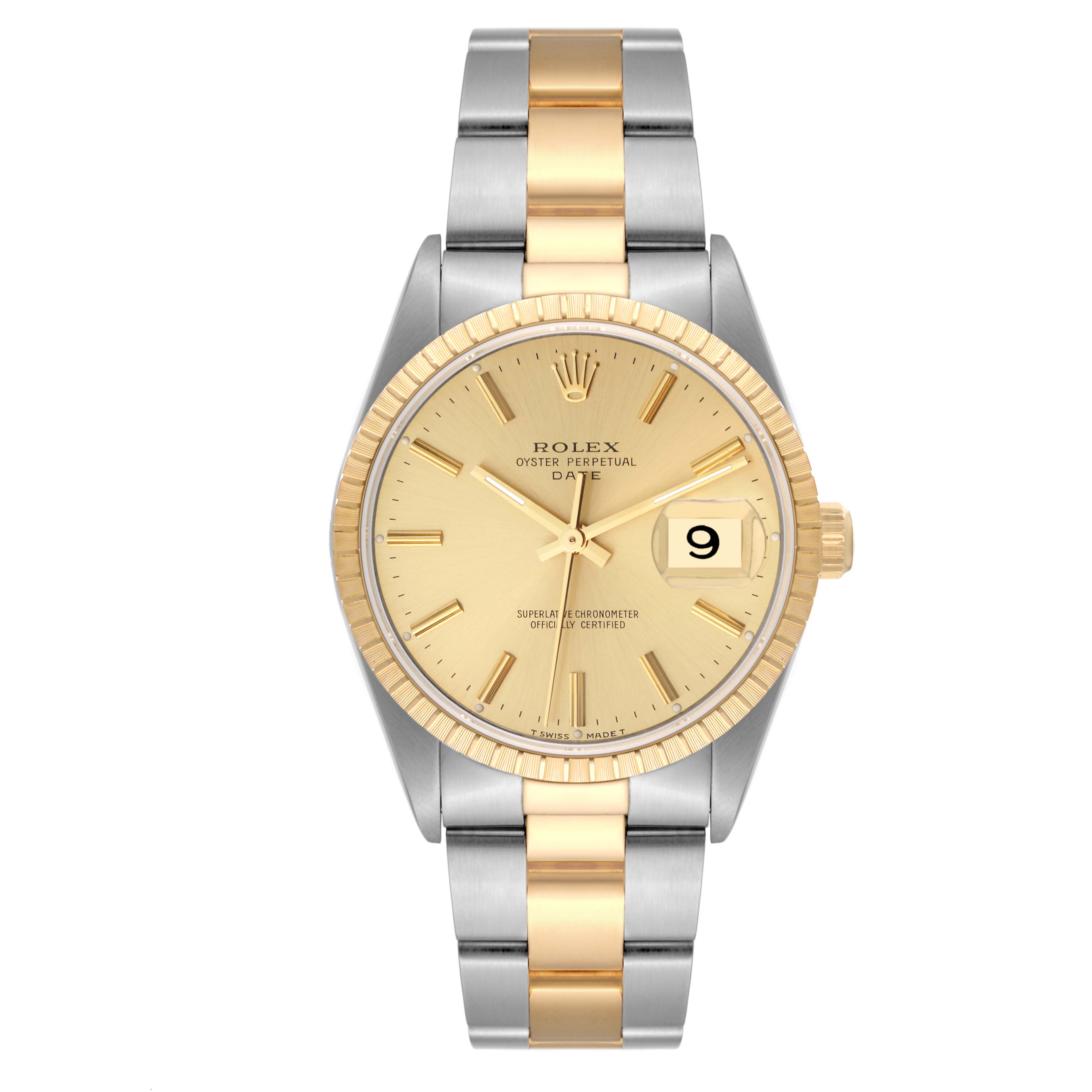 This image shows a frontal view of the Rolex Datejust 15223 Men's Steel and Gold (two tone) Champagne Dial 15223 Men's Steel and Gold (two tone) Champagne Dial watch, highlighting the gold dial and two-tone bracelet.