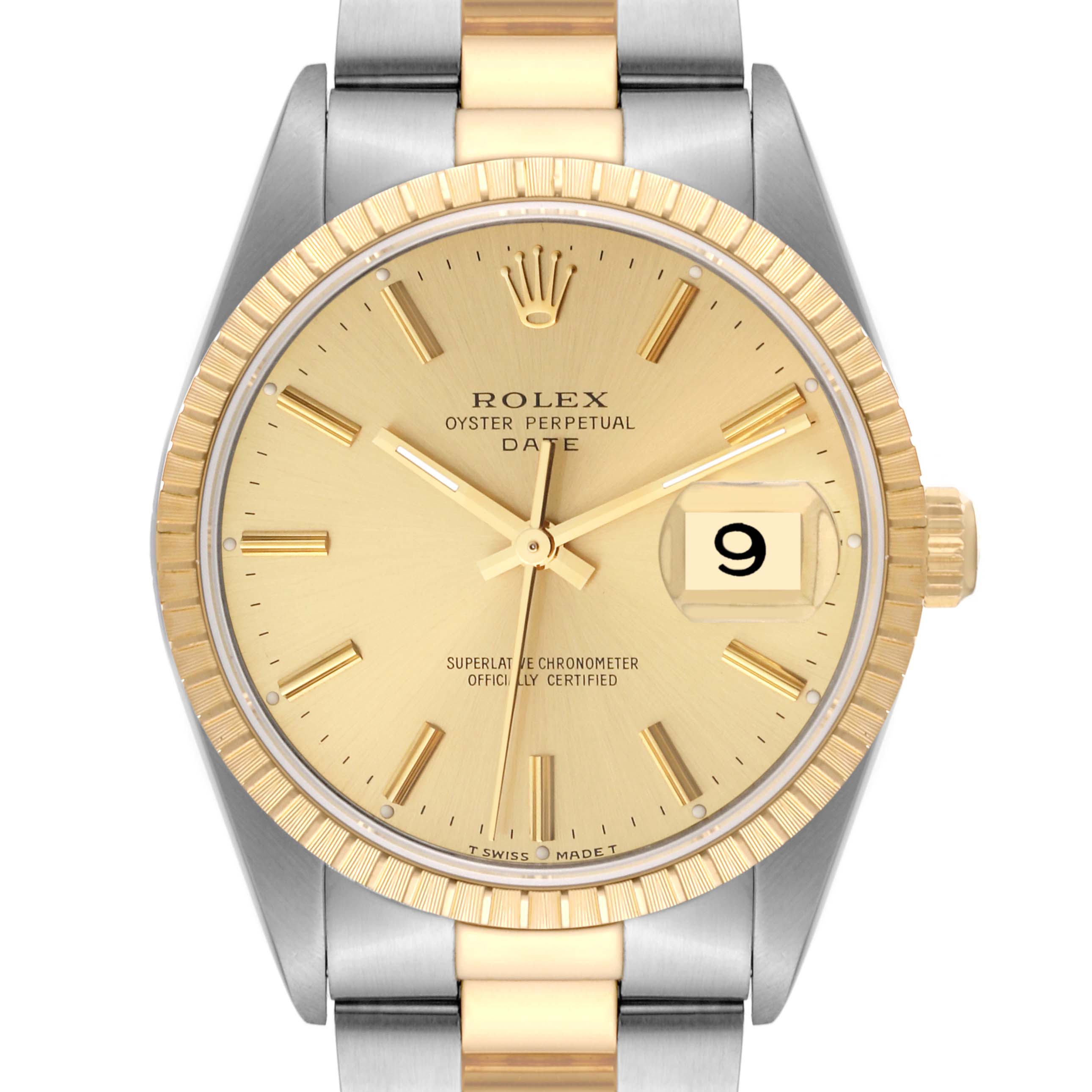This is a front view of the Rolex Datejust 15223 Men's Steel and Gold (two tone) Champagne Dial 15223 Men's Steel and Gold (two tone) Champagne Dial, showing the champagne dial, fluted bezel, two-tone bracelet, and date magnifier.