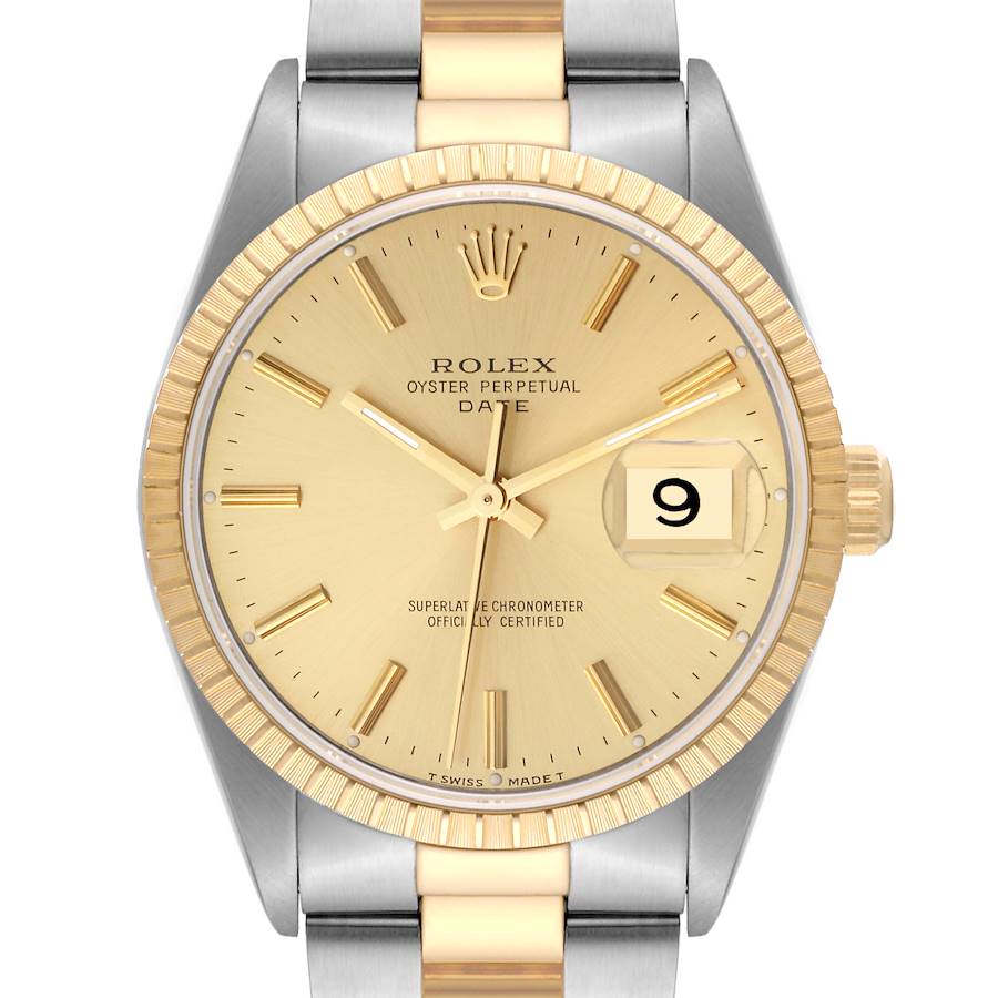 Rolex Date Steel Yellow Gold Engine Turned Bezel Mens Watch 15223 Box Papers SwissWatchExpo