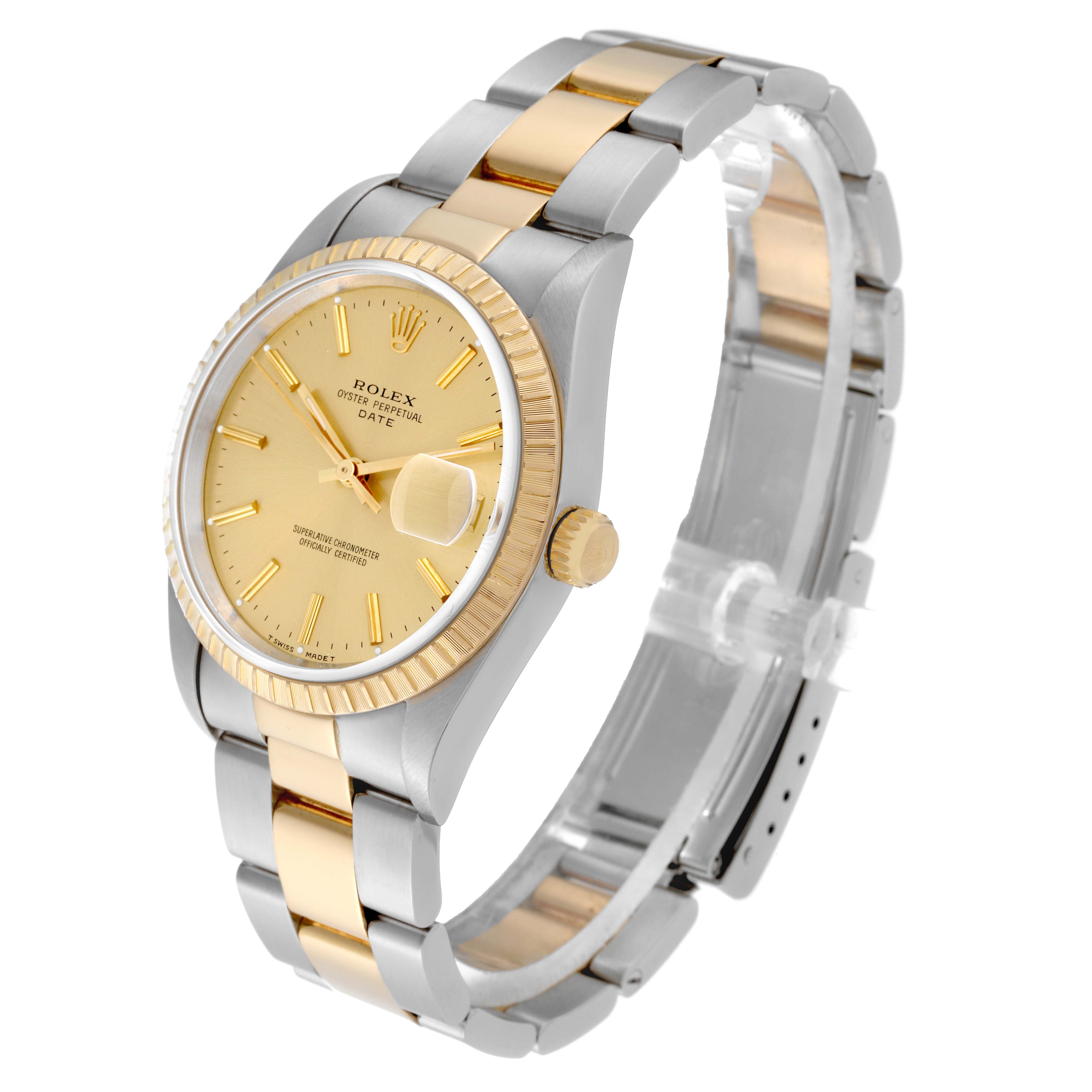 The image shows a Rolex Datejust 15223 Men's Steel and Gold (two tone) Champagne Dial 15223 Men's Steel and Gold (two tone) Champagne Dial watch at a three-quarter angle, highlighting the dial, bezel, bracelet, and crown.
