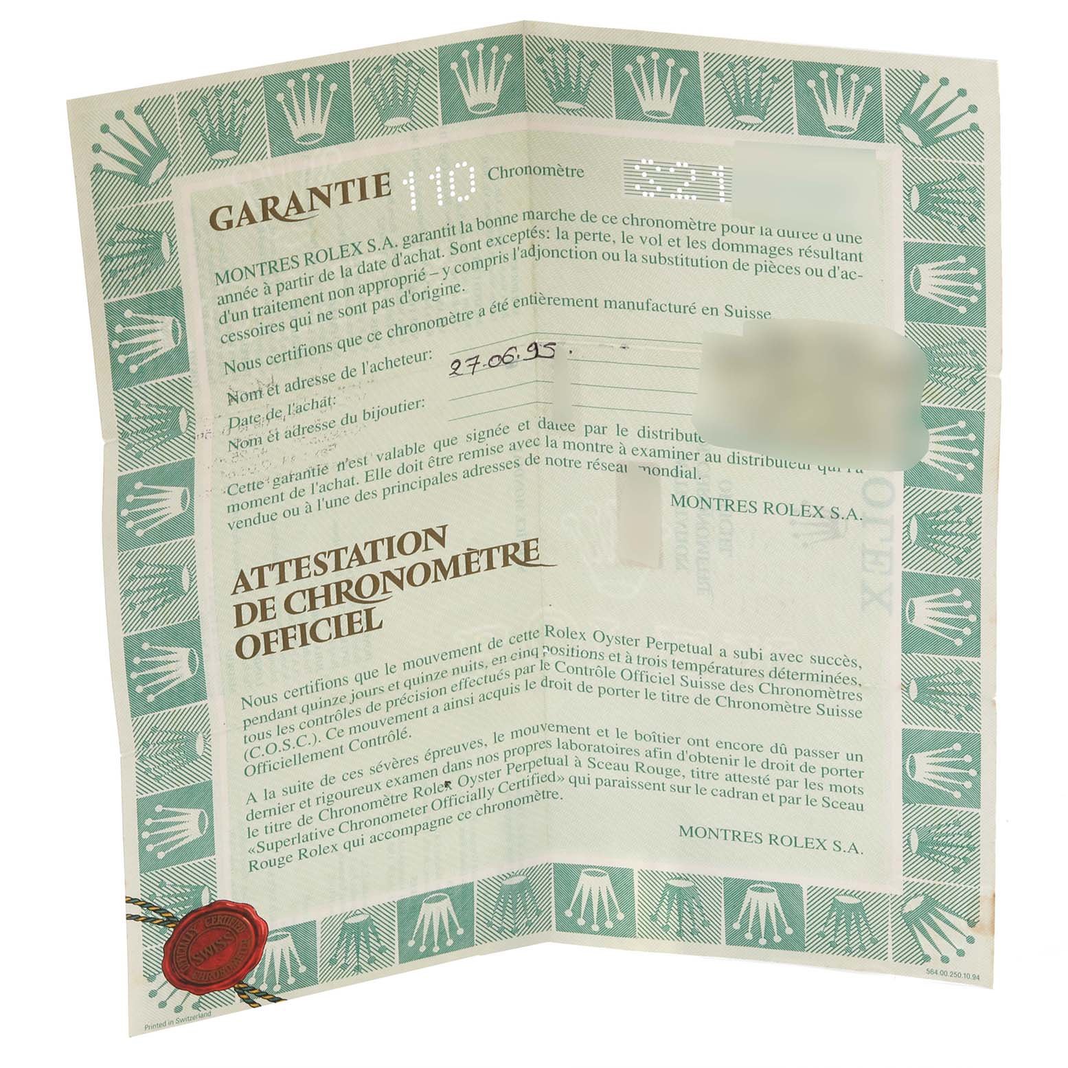 This image shows the guarantee and official chronometer certification paperwork for the Rolex Datejust 15223 Men's Steel and Gold (two tone) Champagne Dial 15223 Men's Steel and Gold (two tone) Champagne Dial model.