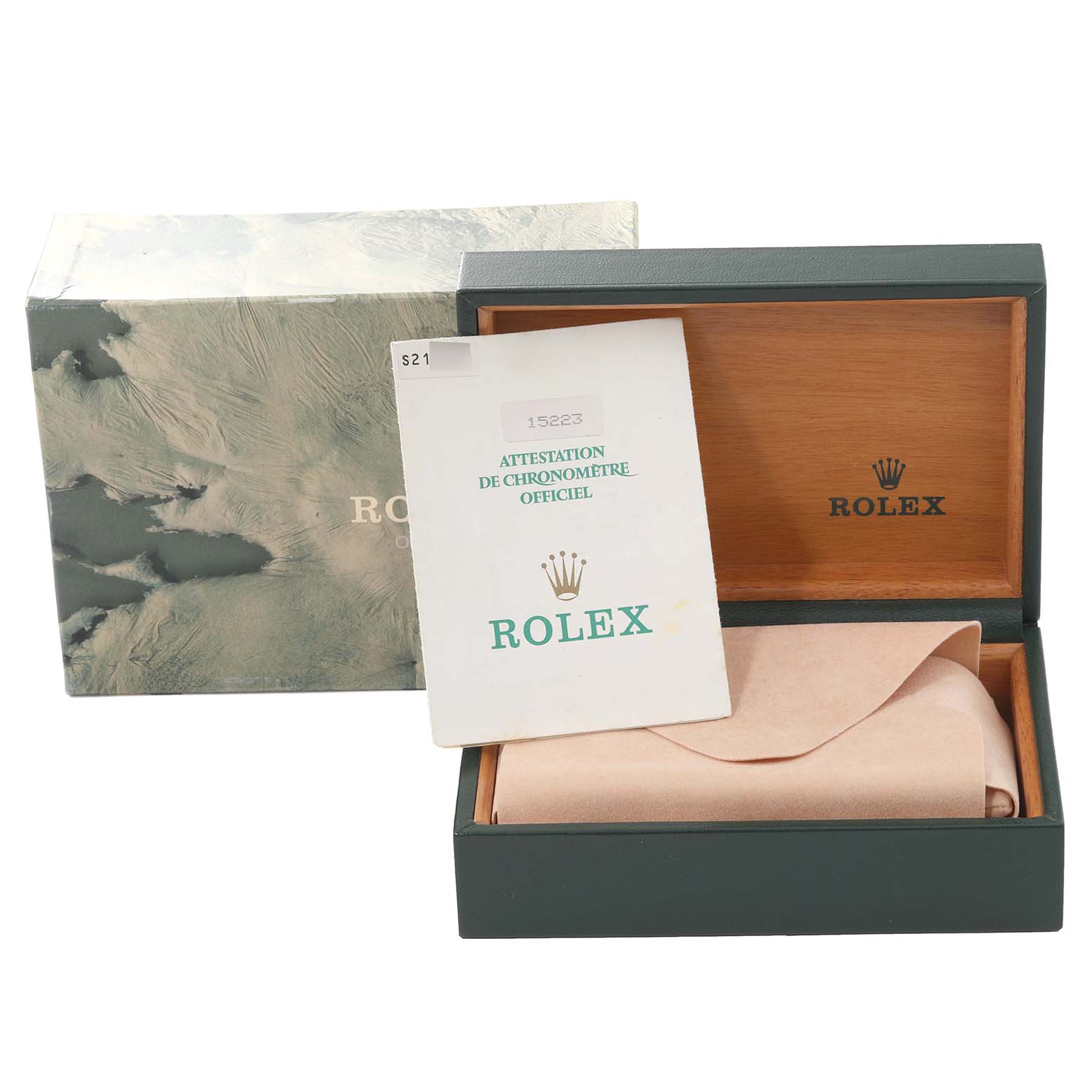 The image shows the packaging, documentation, and inner box for a Rolex Datejust 15223 Men's Steel and Gold (two tone) Champagne Dial 15223 Men's Steel and Gold (two tone) Champagne Dial watch.
