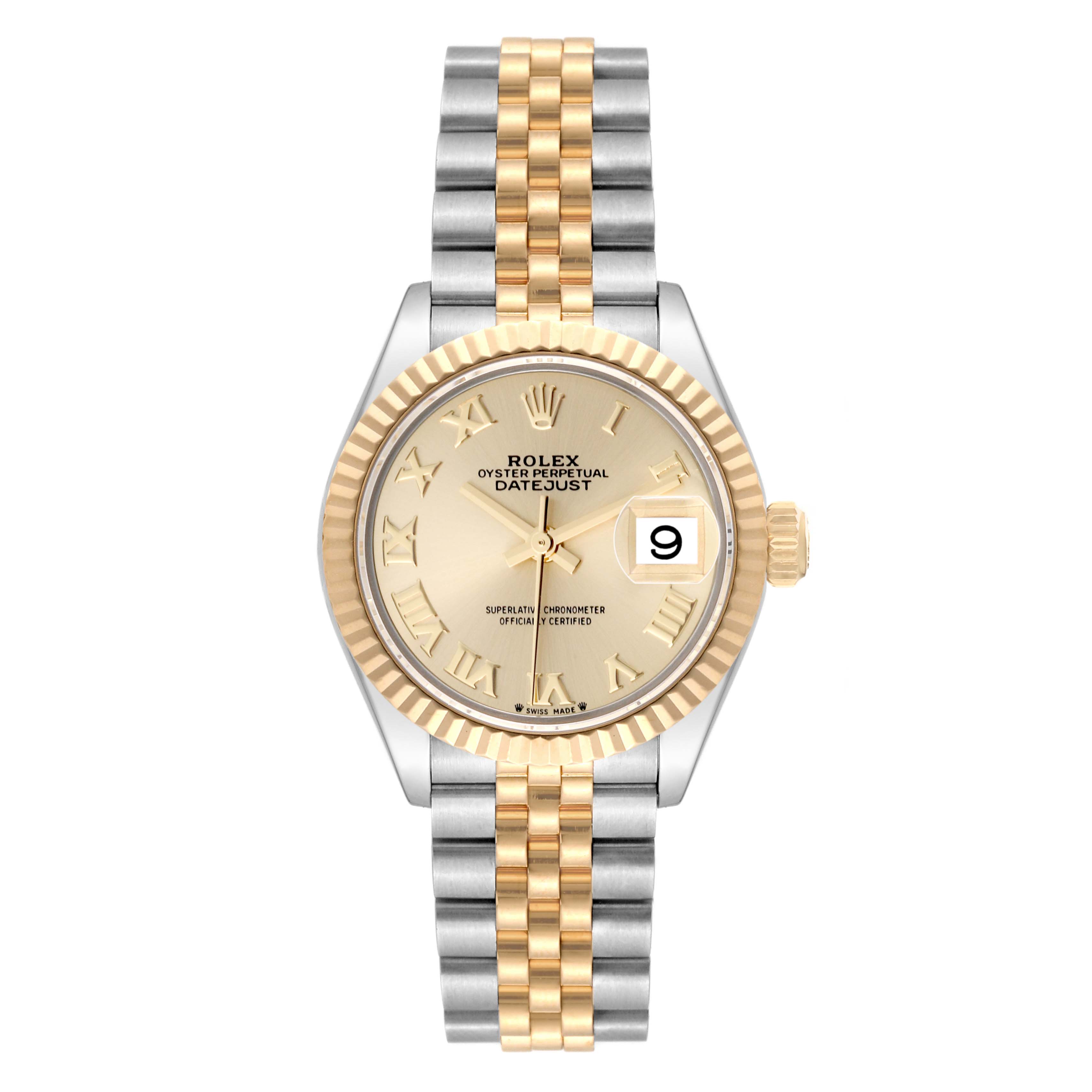 This image shows a front view of the Rolex Datejust 279173 Women's Steel and Gold (two tone) Champagne Dial 279173 Women's Steel and Gold (two tone) Champagne Dial watch, featuring a Jubilee bracelet and a date display on the dial.