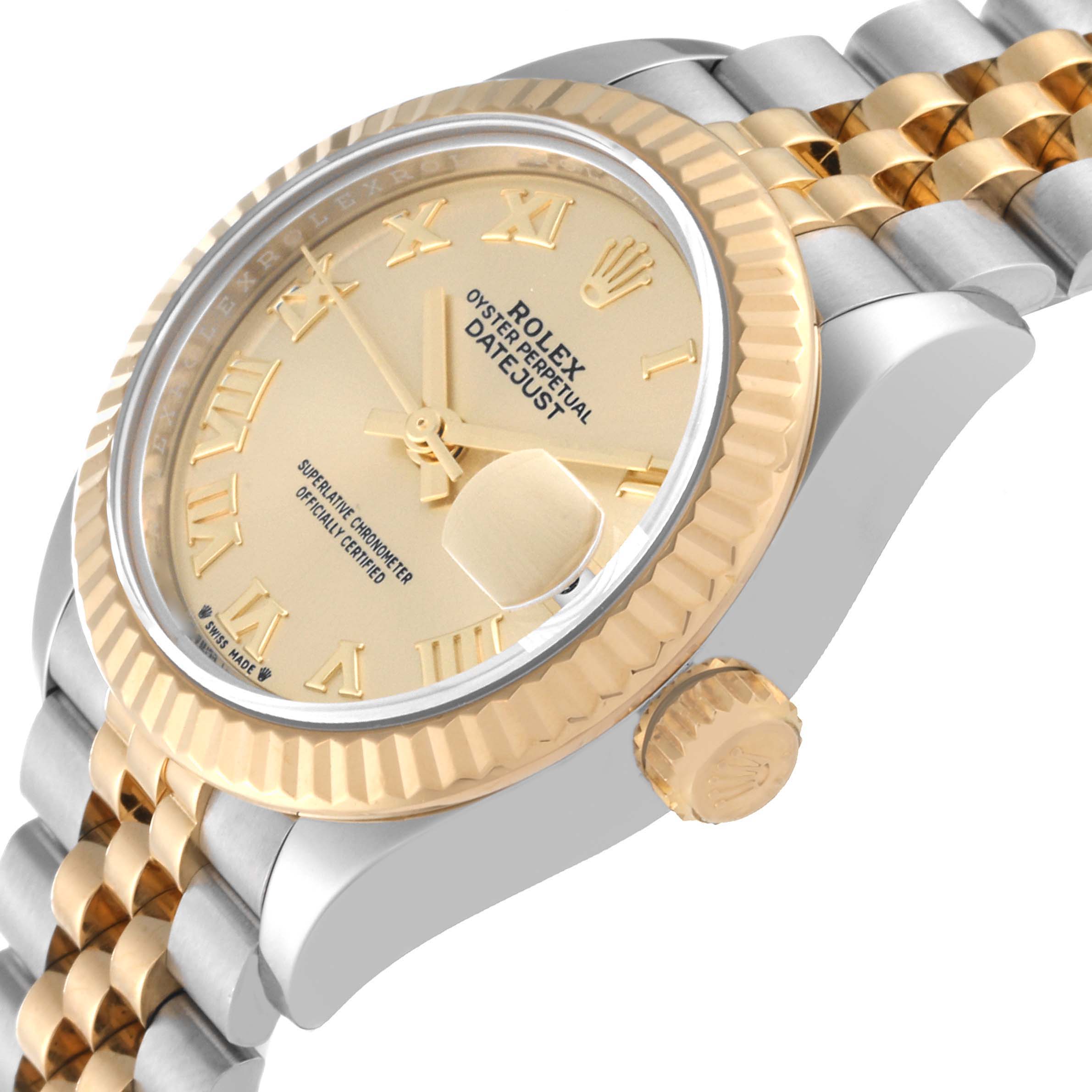 This image shows the Rolex Datejust 279173 Women's Steel and Gold (two tone) Champagne Dial 279173 Women's Steel and Gold (two tone) Champagne Dial watch at an angled view, highlighting the dial, bezel, crown, and part of the bracelet.