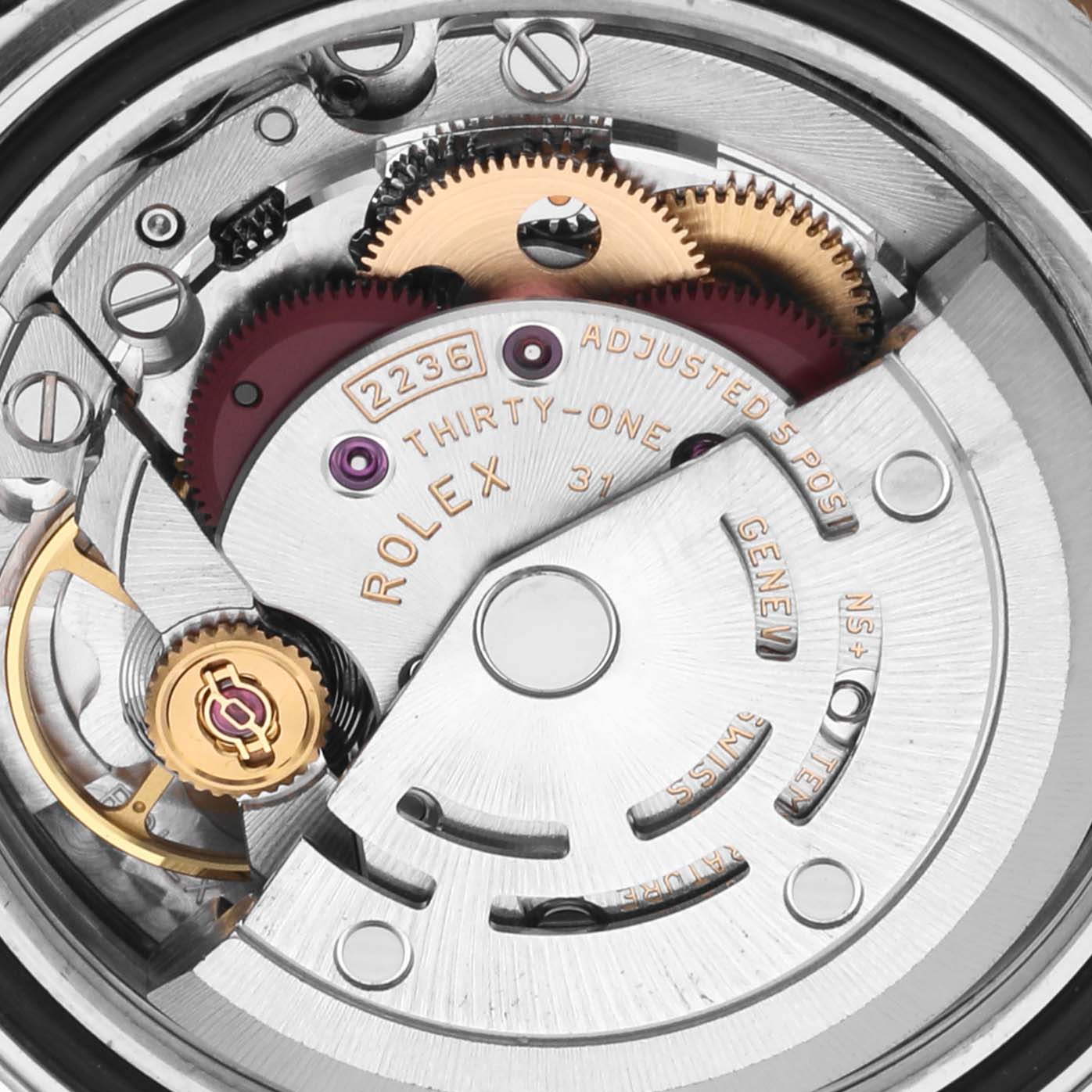 The image shows a close-up of the internal movement mechanism of a Rolex Datejust 279173 Women's Steel and Gold (two tone) Champagne Dial 279173 Women's Steel and Gold (two tone) Champagne Dial watch.