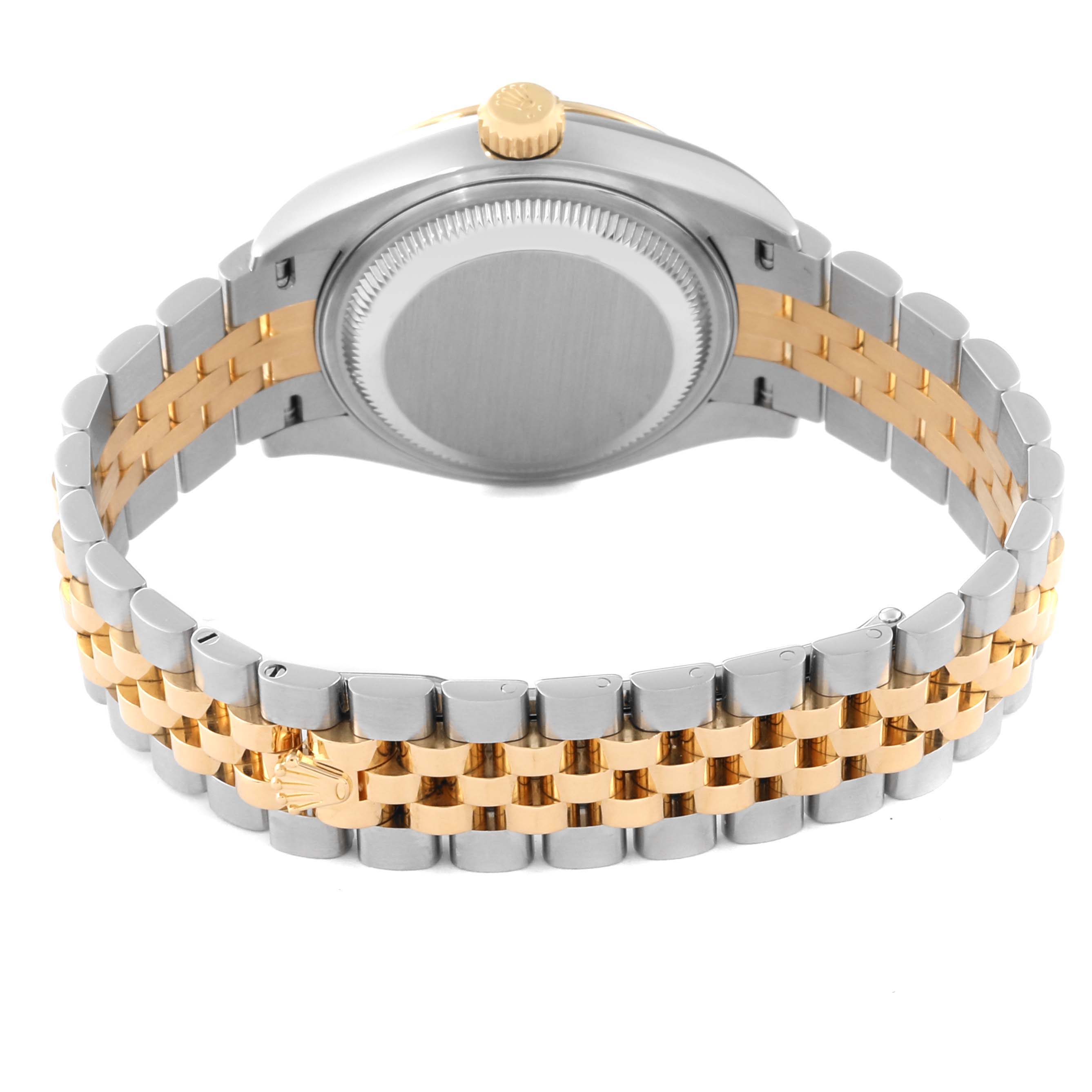 The image shows the back angle of the Rolex Datejust 279173 Women's Steel and Gold (two tone) Champagne Dial 279173 Women's Steel and Gold (two tone) Champagne Dial watch, featuring the case back, crown, and Jubilee bracelet.